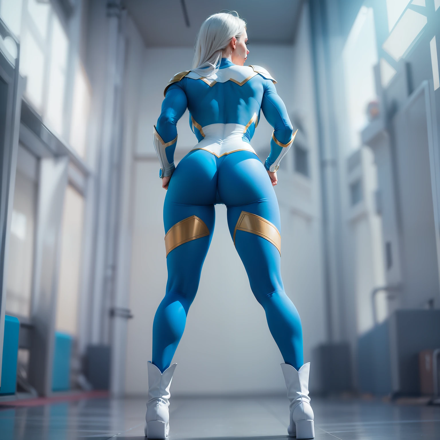 Female superheroes,superhero pose,strong pose,Full body photo,Blue tights,White boots,Back,standing on your feet,The legs are long,Focus on the butt,The butt is round,8K
