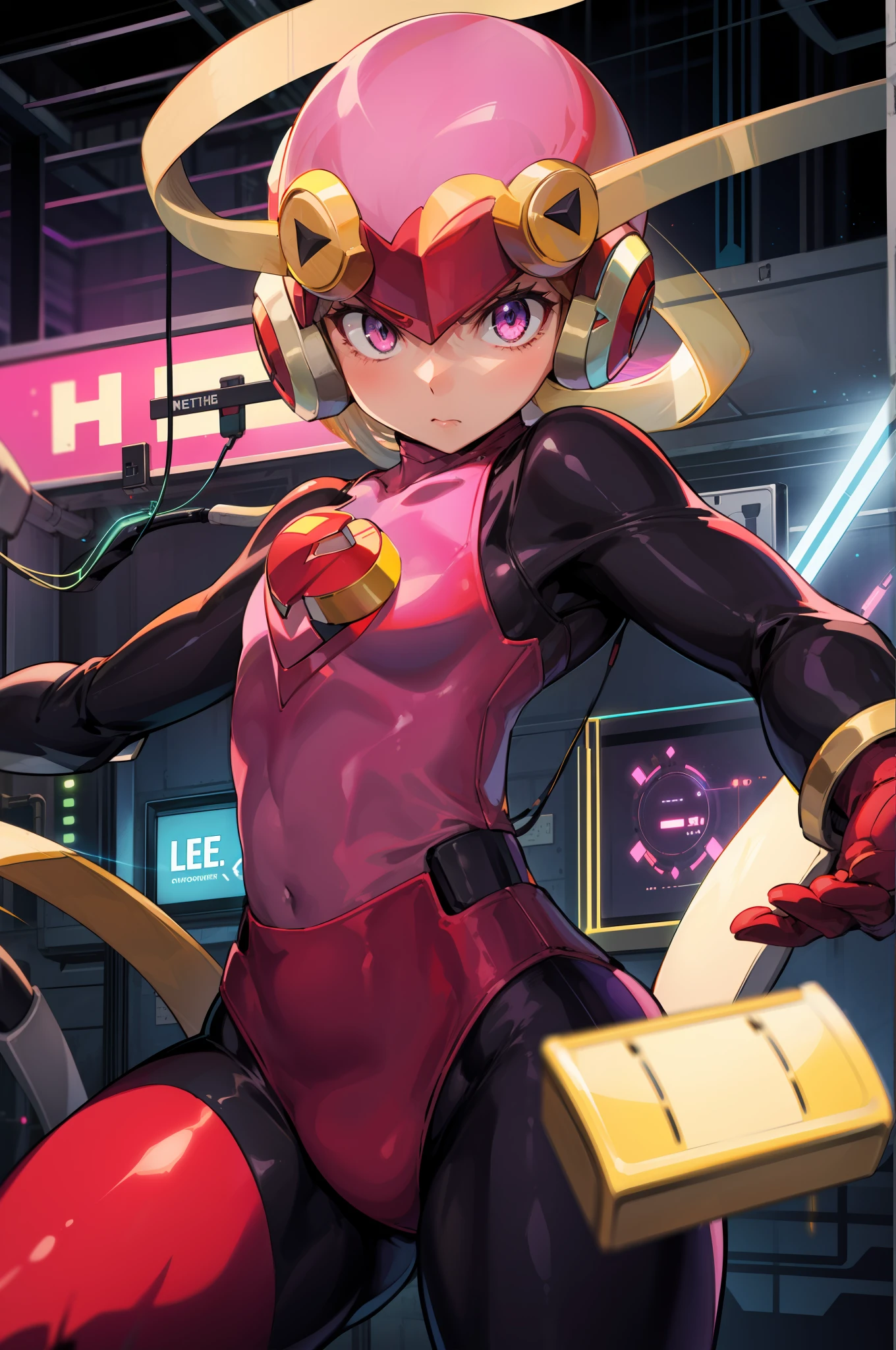 masutepiece,Best Quality,1girl in,roll_.exe_megamanbn,(helmets),Blonde hair,Long hair,Leotard,Pink eyes,Purple bodysuit,body suit,Eyes without light,Serious,actionpose,glowing circuit background,