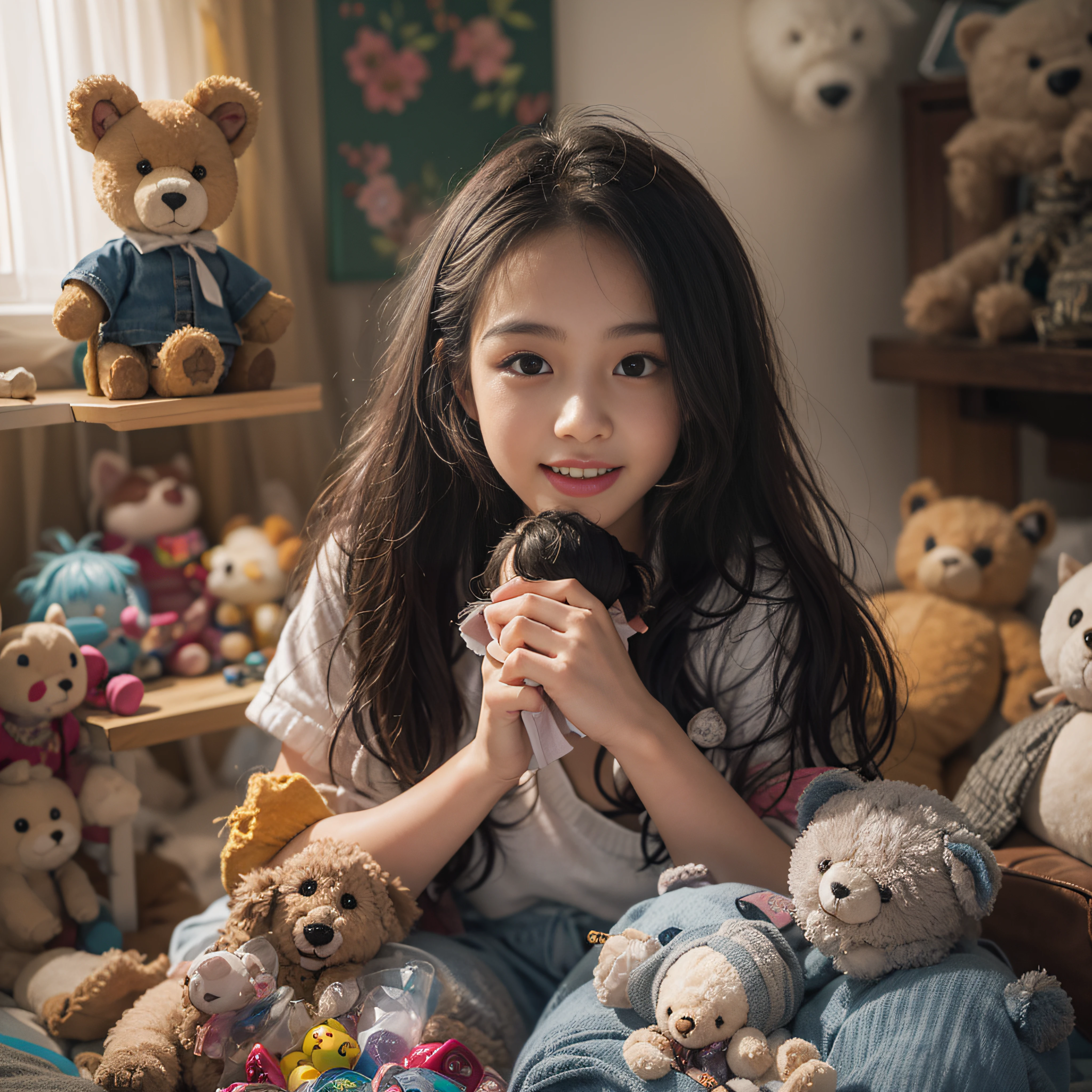 A holds a stuffed animal,Sit in a room full of toys,,cabelos preto e longos,By bangs,cheerfulness,校服,Rejoice,Perfect quality,Clear focus(Clutter - home:0.8), (tmasterpiece:1.2) (realisticlying:1.2) (Bokeh) (best qualtiy) (detailedskin:1.3) (complexdetails) (8K) (detailedeyes) (Sharp focus),(having fun)closeup cleavage