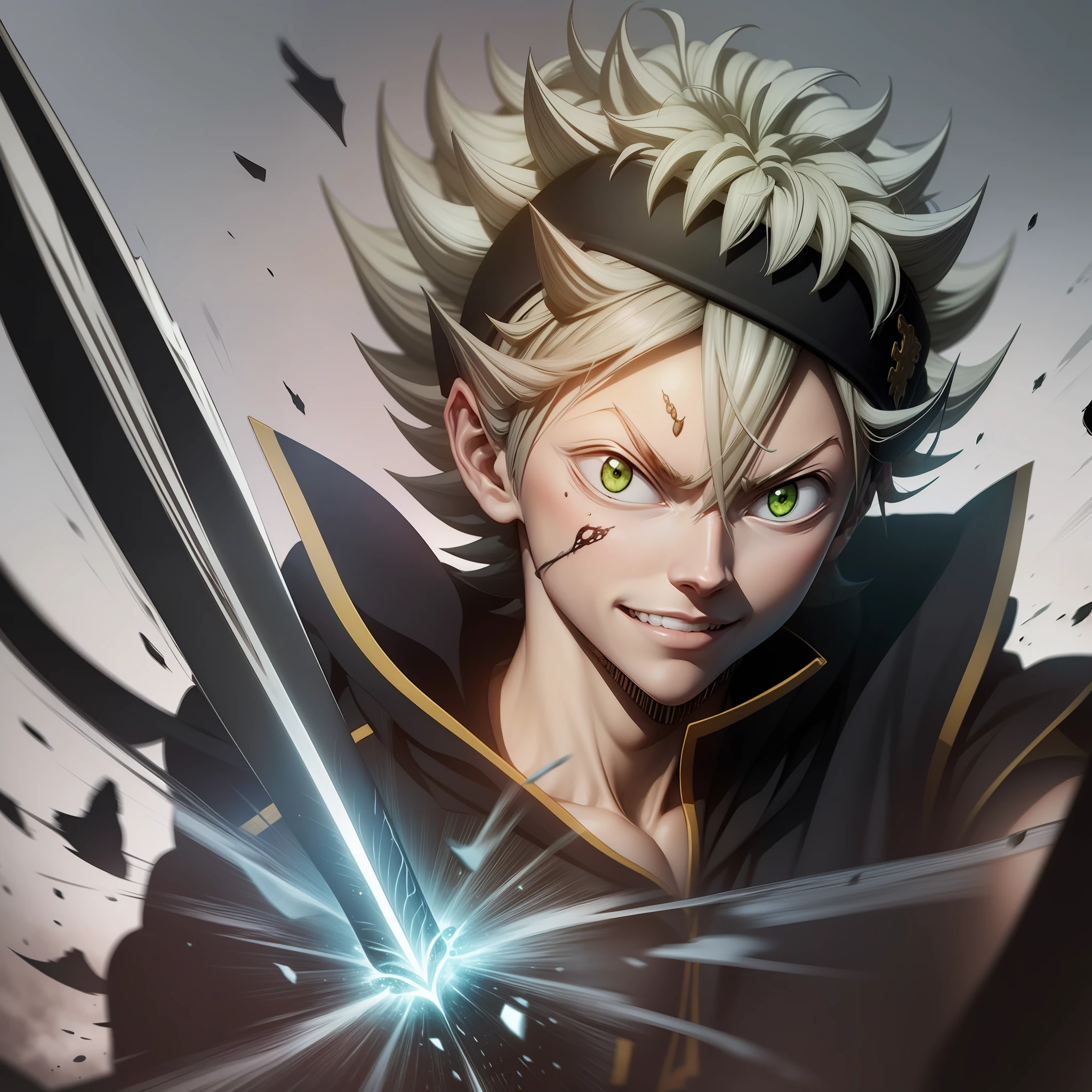 Asta, BlackCover Anime, white hair, smile, one eye is green and the other is red, he has a long sword in his hand, a drawing of a man with red eyes, screenshot from black clover, otaku gangasta, killua zoldyck, killua zoldyck portrait, demon slayer, ufotable studio art style, killua zoldyck black hair, kimetsu no yaiba, kentaro miura!, anime epic artwork, ufotable art style