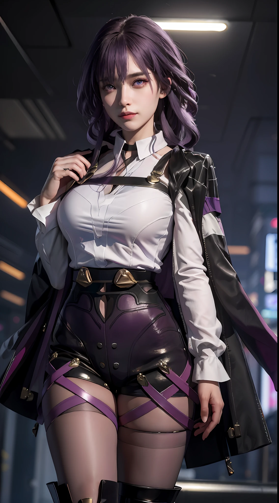 (photorealistic:1.4), raw photo, 1girl, purple eyes, purple hair, (eyewear on head), stellaron hunters outfit,  black jacket, jacket on shoulders, shirt, shorts, pantyhose, boots,deep shadow,  detailed face, detailed eyes, depth of field, bokeh, vibrant details, finely detailed, hyperrealistic, 35mm film, hazy blur,upper body,, masterpiece,ultra realistic,32k,extremely detailed CG unity 8k wallpaper, best quality