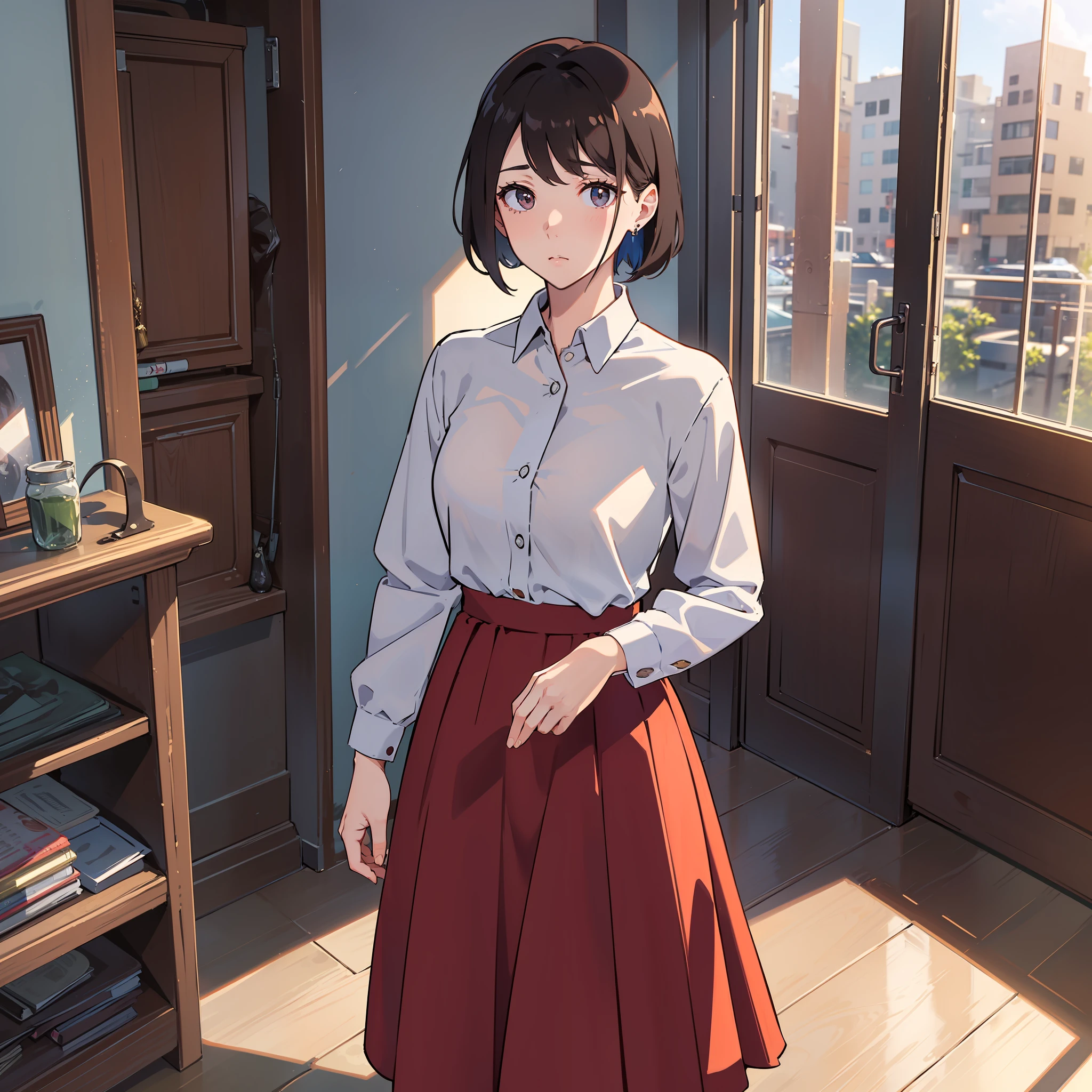 (Affectionate eyes+red long skirt:1.2+cabellos largos dorados:1.2) A physically and mentally exhausted woman walked into the room。She looked at a man wearing a white shirt with short hair