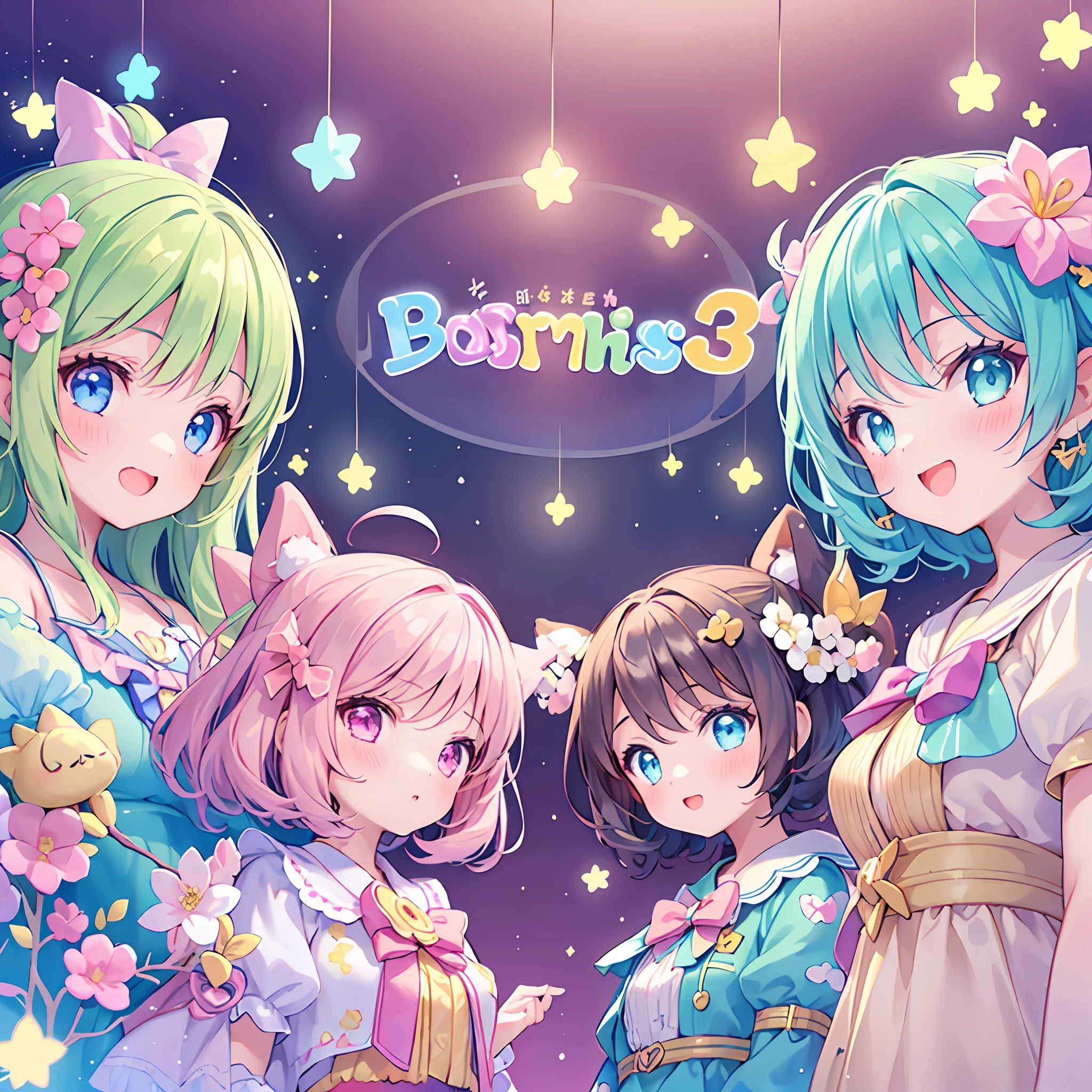 masterpiece, (2girls and 2girls and 2girls and 2girls), idol, closeup, big eyes, kawaiitech, kawaii, cute, pastel colors, best quality, happy, deep background, symmetrical, tilted head, spring
