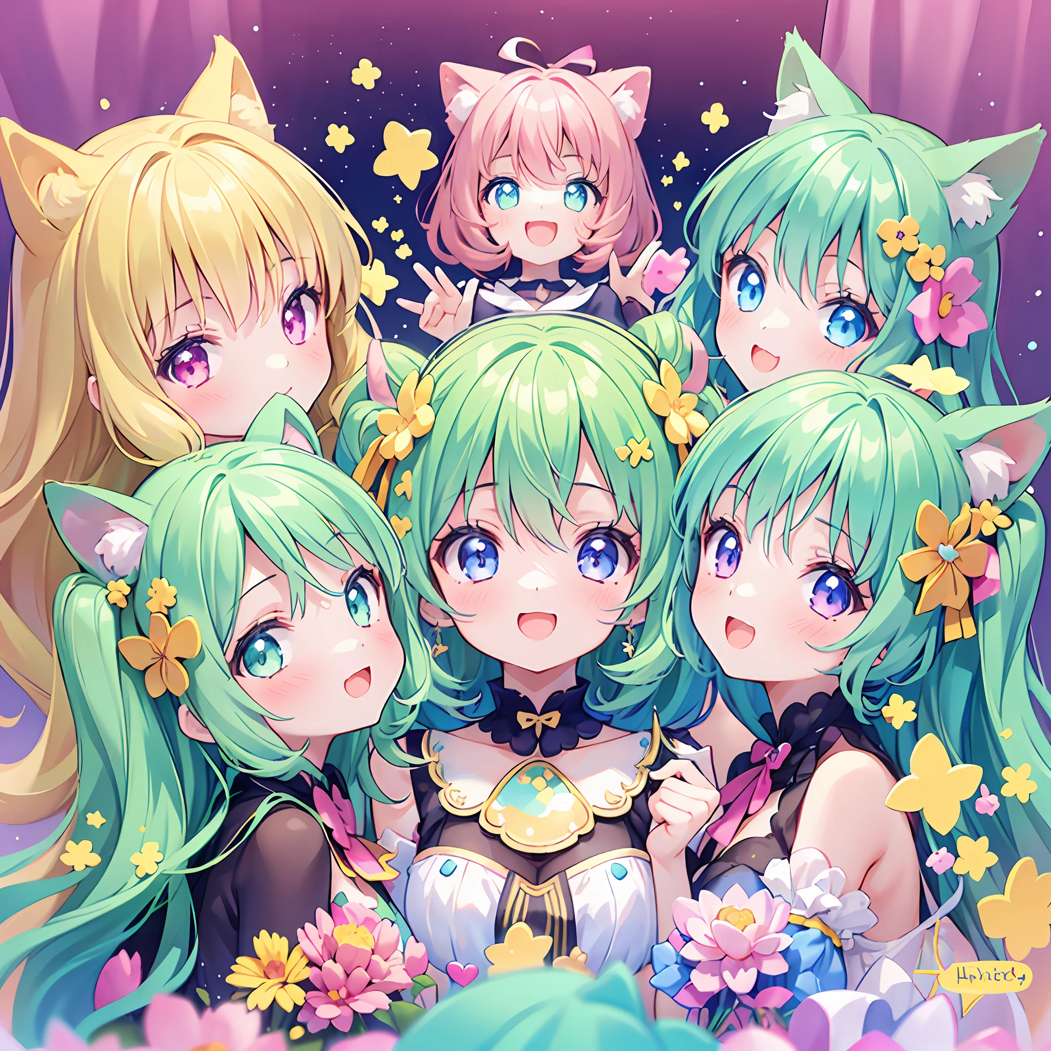 masterpiece, (2girls and 2girls and 2girls and 2girls), idol, closeup, big eyes, kawaiitech, kawaii, cute, pastel colors, best quality, happy, deep background, symmetrical, tilted head, spring