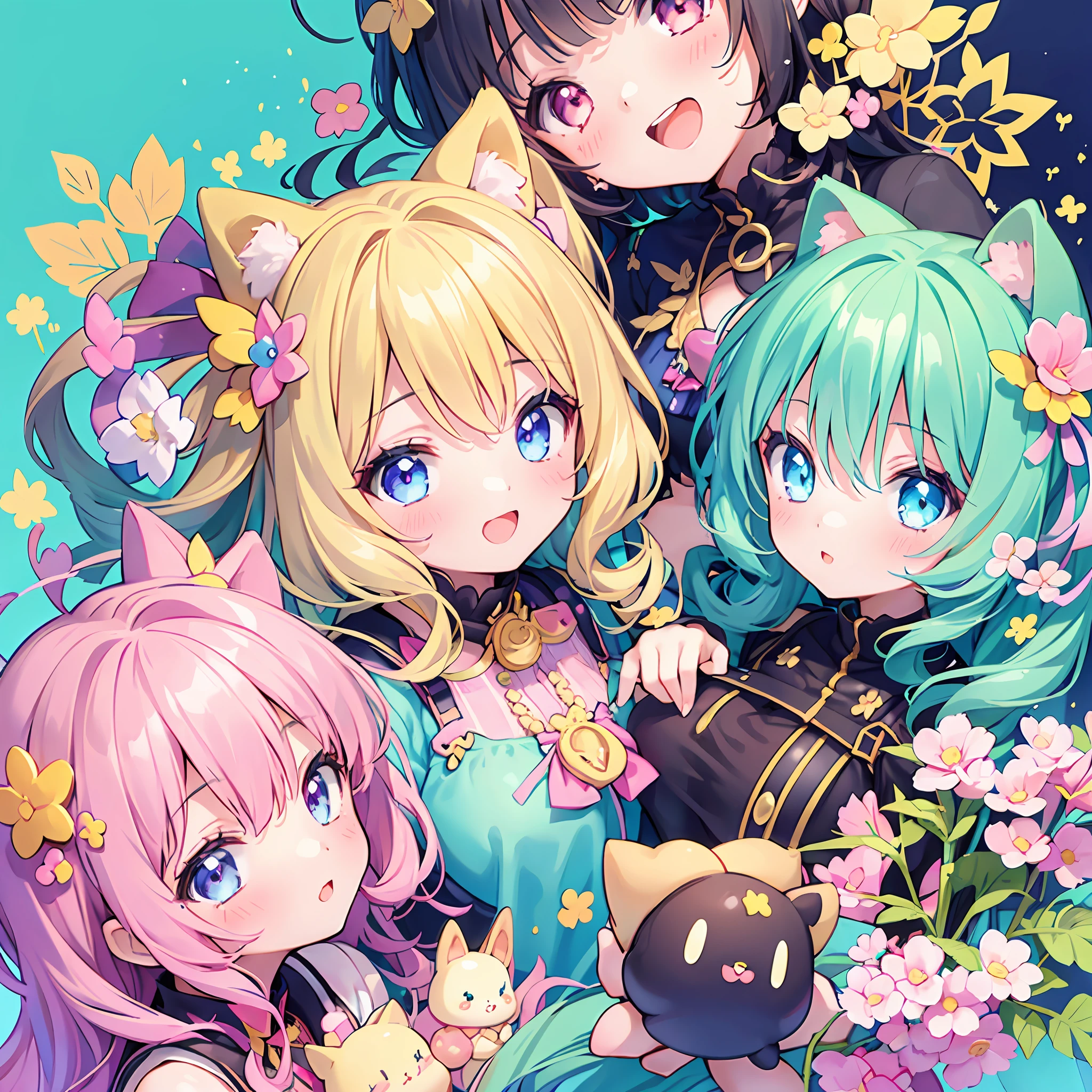 masterpiece, (2girls and 2girls and 2girls and 2girls), idol, closeup, big eyes, kawaiitech, kawaii, cute, pastel colors, best quality, happy, deep background, symmetrical, tilted head, spring