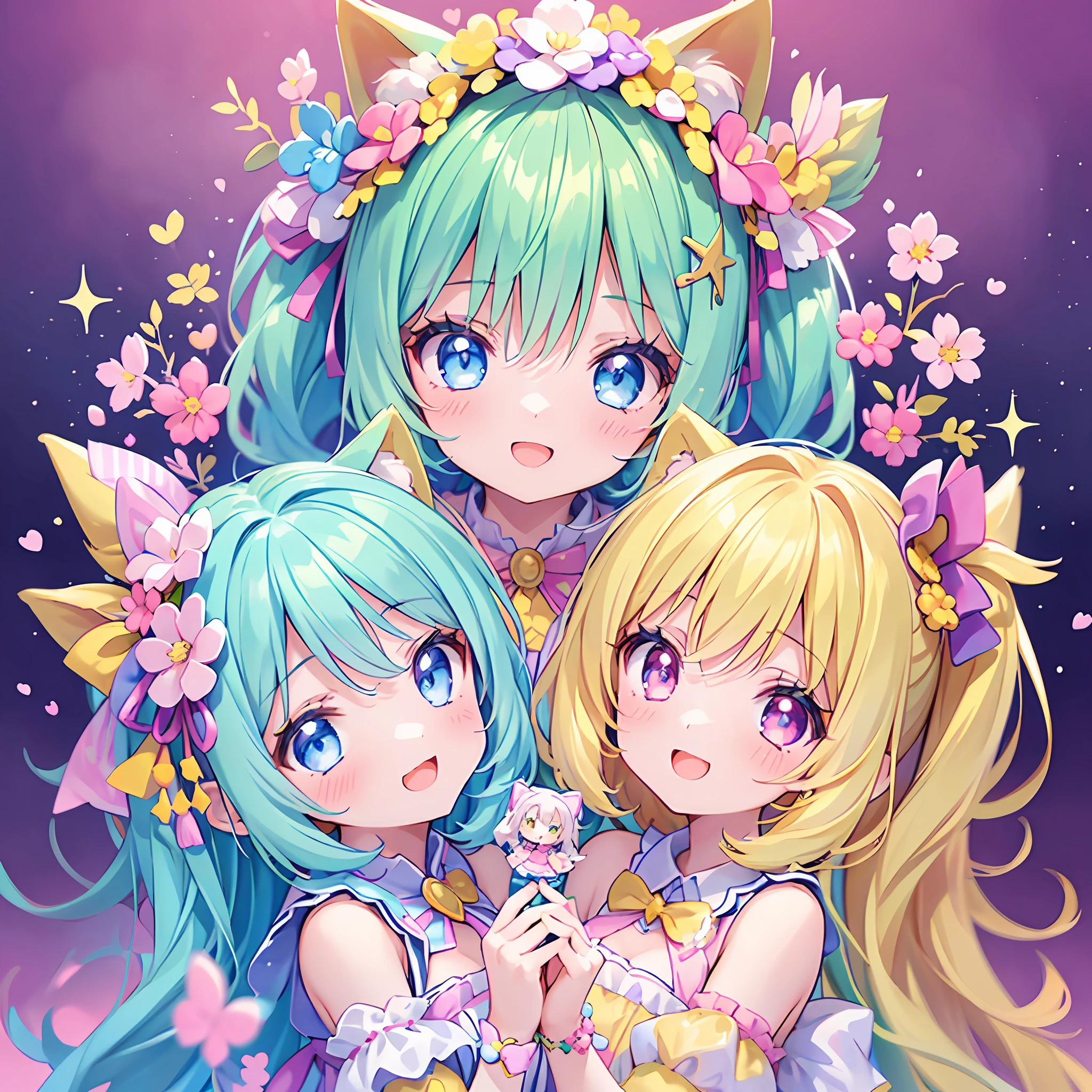 masterpiece, (2girls and 2girls and 2girls and 2girls), idol, closeup, big eyes, kawaiitech, kawaii, cute, pastel colors, best quality, happy, deep background, symmetrical, tilted head, spring