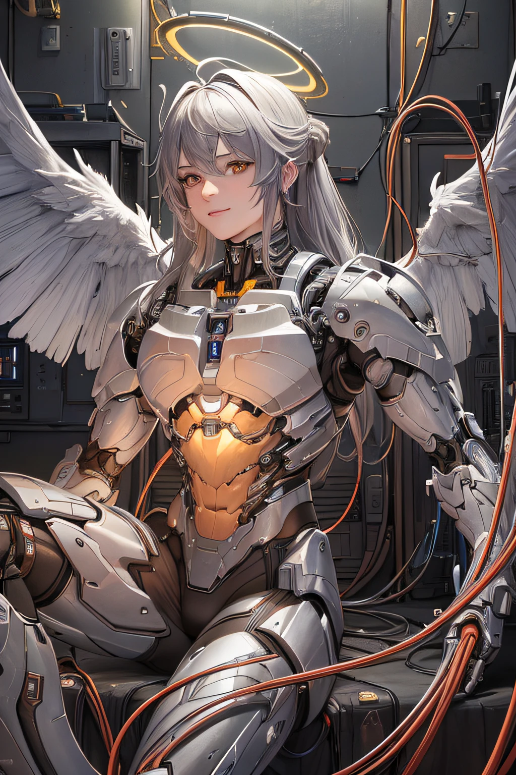 ((((masterpiece))), ((best quality))), ((ultra-detailed)), (CG illustration), ((an extremely buff and muscular)),(from side),cinematic light, ((1 mechanical man)), single, full-body, (machine-made joint: 1.2), ( (mechanical limbs)), (blood vessels connected to tubes), (mechanical spine connected to back), ((mechanical cervical vertebrae attached to neck)),((mechanical angel- like wings attached to back)), (halo), (sitting), serious grin, (wires and cables around the neck: 1.2), (wires and cables on the head: 1.2) (character focus), sci-fi, extremely buff, colored, the finest grey hair, yellow eyes, in battle, (knotted), (killing), (1 immortal)