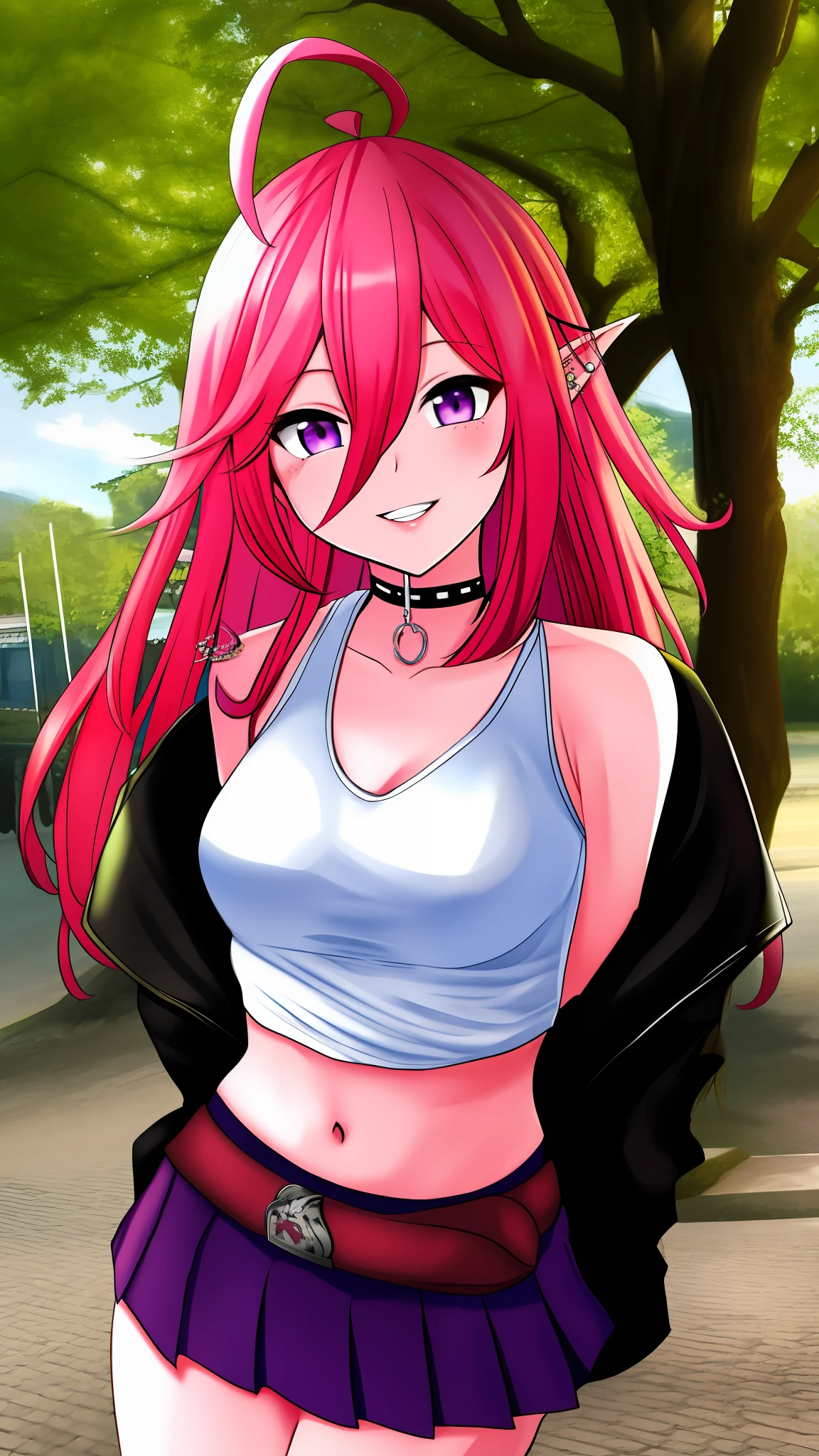 Masterpiece, highres, best quality, Keera, 1girl, pink hair, hair spread out, hair between eyes, very long hair, parted lips, pointy ear, purple eyes, ahoge, smile, looking at viewer, cute tank top, crop top, cute jacket, bare shoulder, pleated skirt, belt, choker, ear piercing, navel, smile, show teeth, sexy pose, hands behind back, outdoor, park, tree, sunny days,