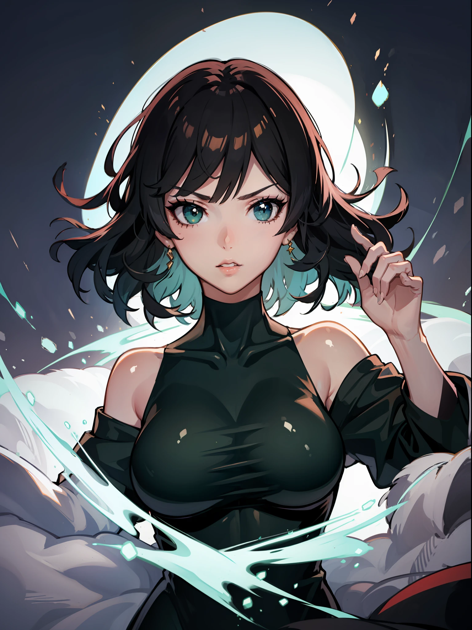 （best qualtiy，8K，32K，tmasterpiece，hyper HD：1.3），1个Giant Breast Girl，perfect bodies，Super detailed face，Bust photo，Large breasts，Black hair，Green clothes，upperbody closeup，Off-the-shoulder attire