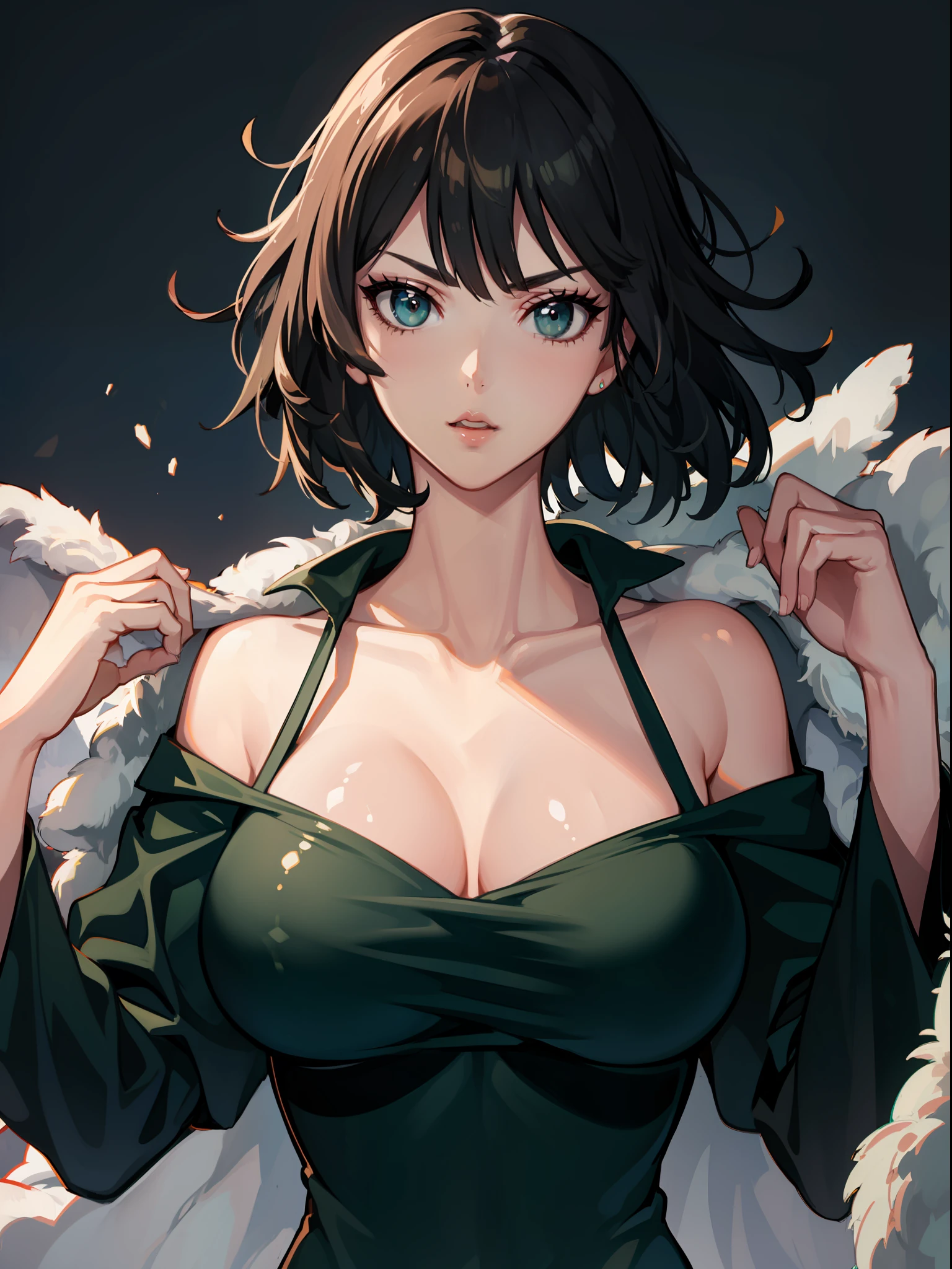 (best qualtiy,8K,32K,tmasterpiece,hyper HD:1.3),1个Giant Breast Girl,perfect bodies,Super detailed face,Bust photo,Large breasts,Black hair,Green clothes,upperbody closeup,Off-the-shoulder attire
