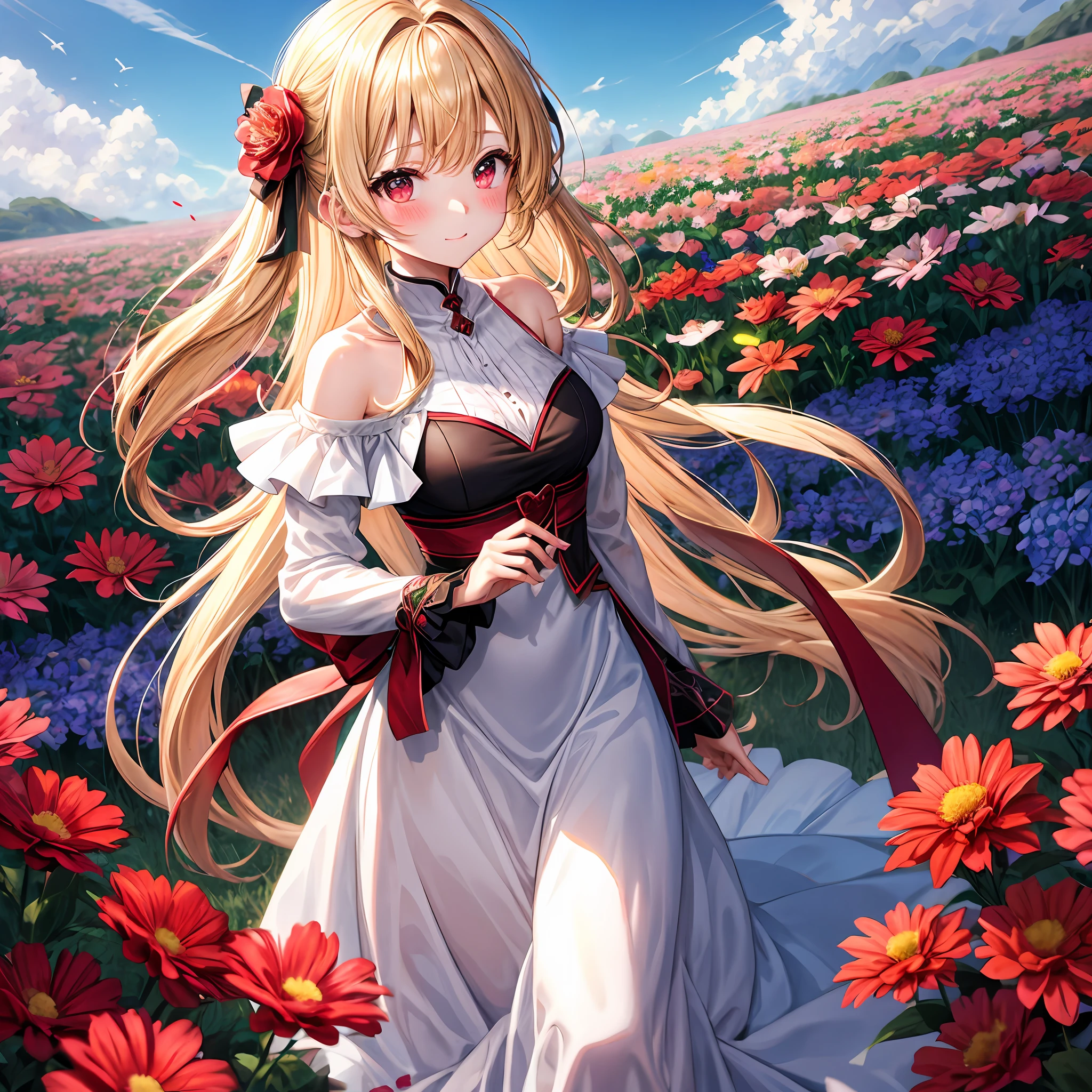 red blush、Wavy blonde hair、red eyes、Beautiful girl alone、animesque、独奏、doress、off shoulders、lonely、florals、flower field、
