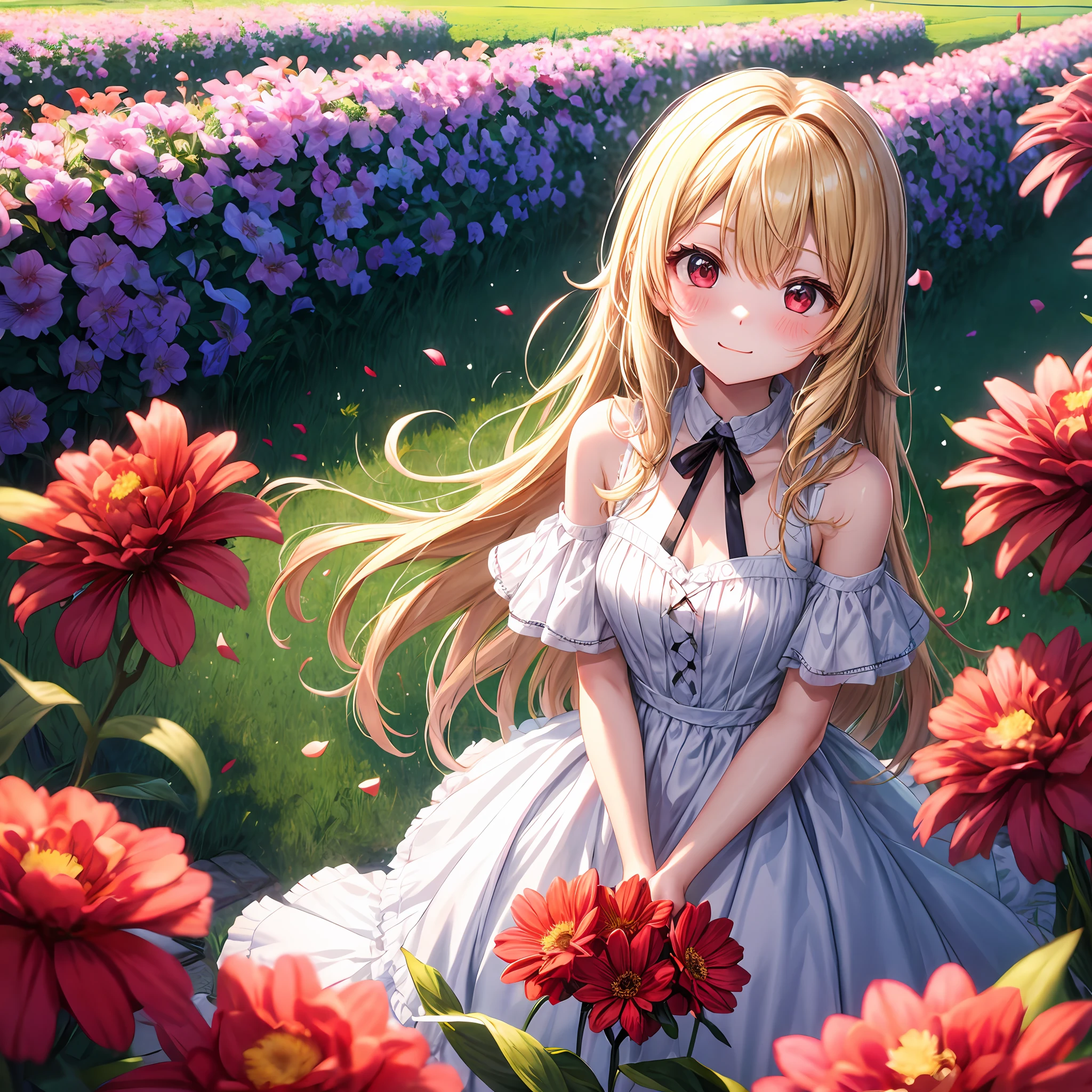 red blush、Wavy blonde hair、red eyes、Beautiful girl alone、animesque、独奏、doress、off shoulders、lonely、florals、flower field、