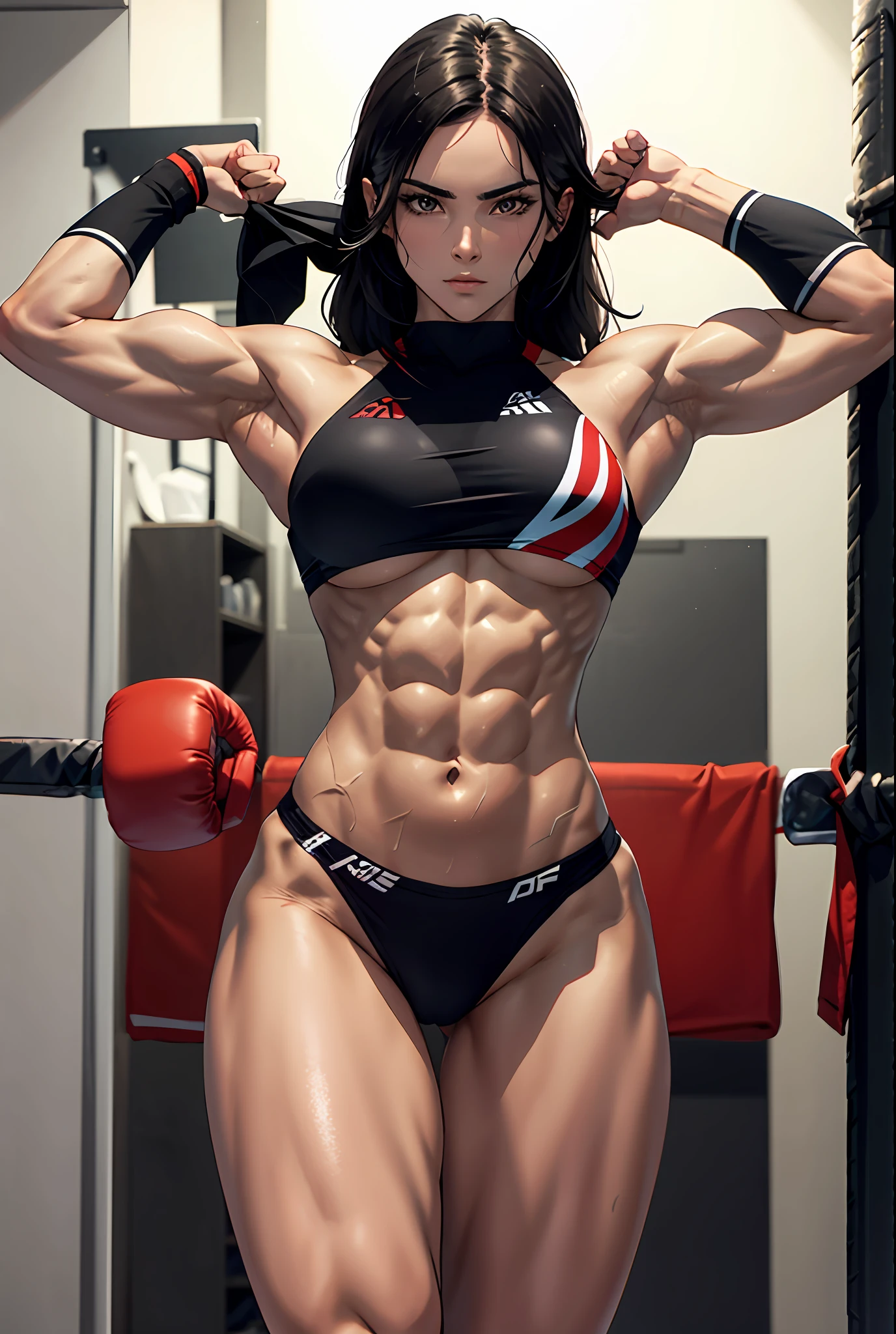 fisiculturista, mulher Negra rosto bonito, serious face, Moreno, negra, Olhos detalhados, corpo perfeito, cabelo cresp, encaracolado,healthy body, cracked abdomen, musculoso, estrutura corporal detalhada, Sister, all parts are clearly visible,roupa fitness. ADCC. luta, de Americana. boxe. Capacete protetor,