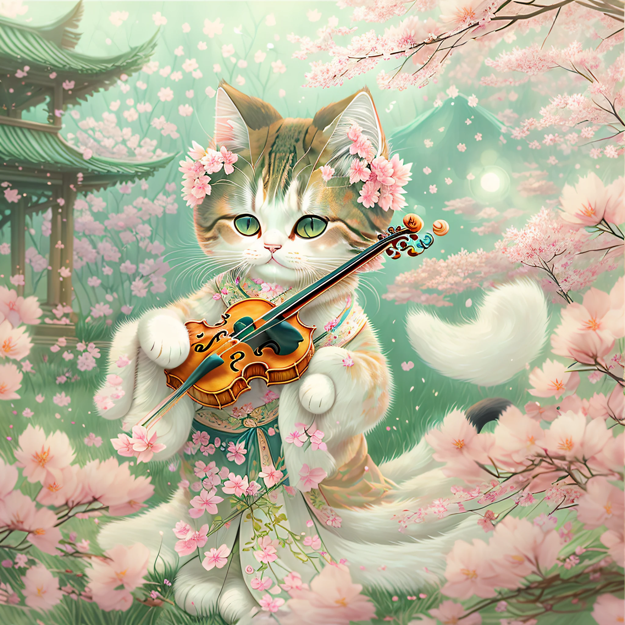 A soft fluffy kawaii fluffy cat，Wearing a Tang costume ,Play the violin amid the cherry blossoms and scattered mist