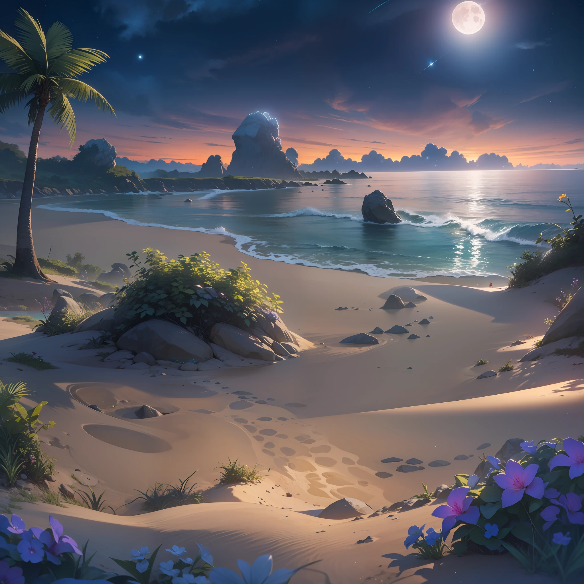 A paradisiacal beach on an alien world, com um mar de cor violeta, Two bright moons in the starry sky and bioluminescent plants lighting up the sand.