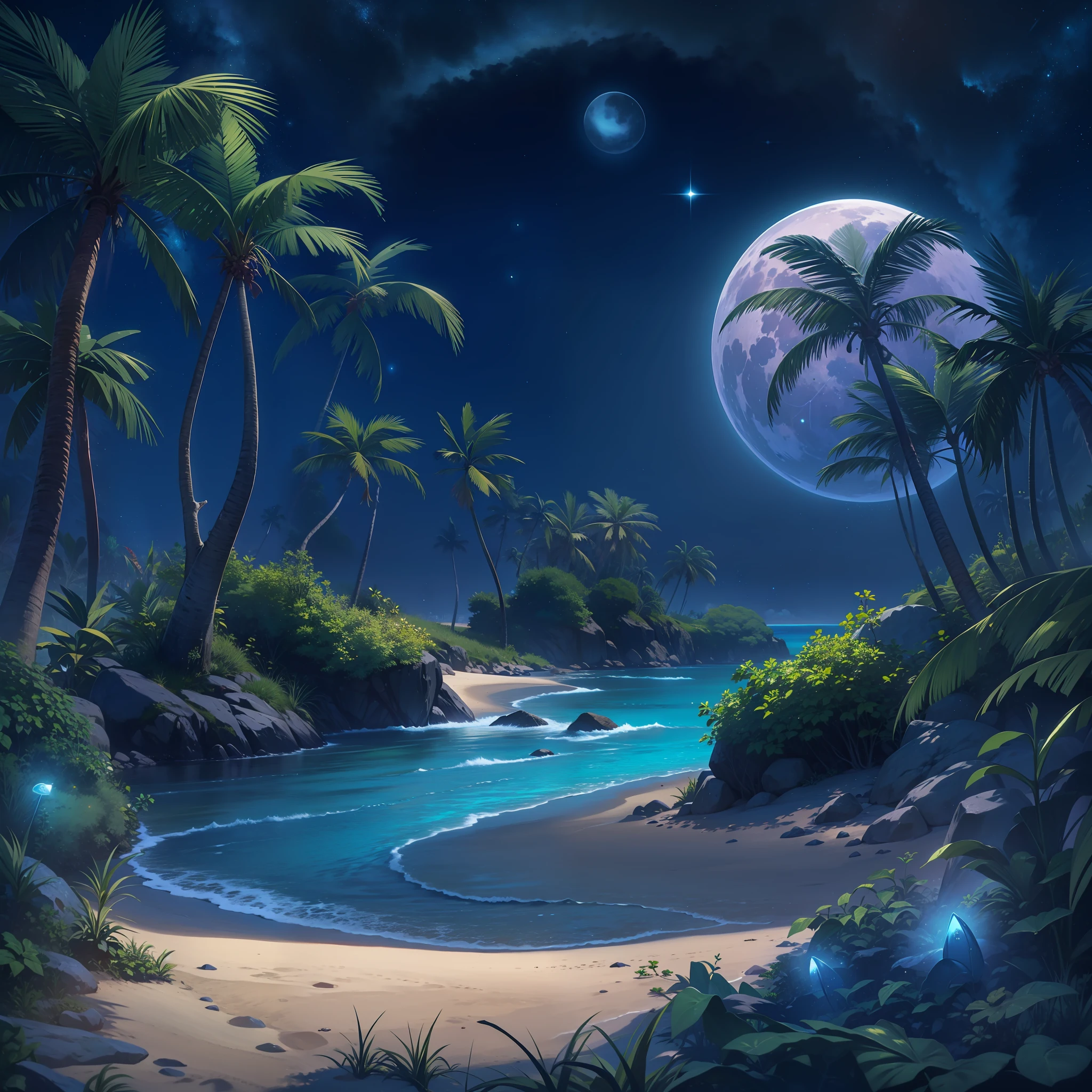 A paradisiacal beach on an alien world, com um mar de cor violeta, Two bright moons in the starry sky and bioluminescent plants lighting up the sand.