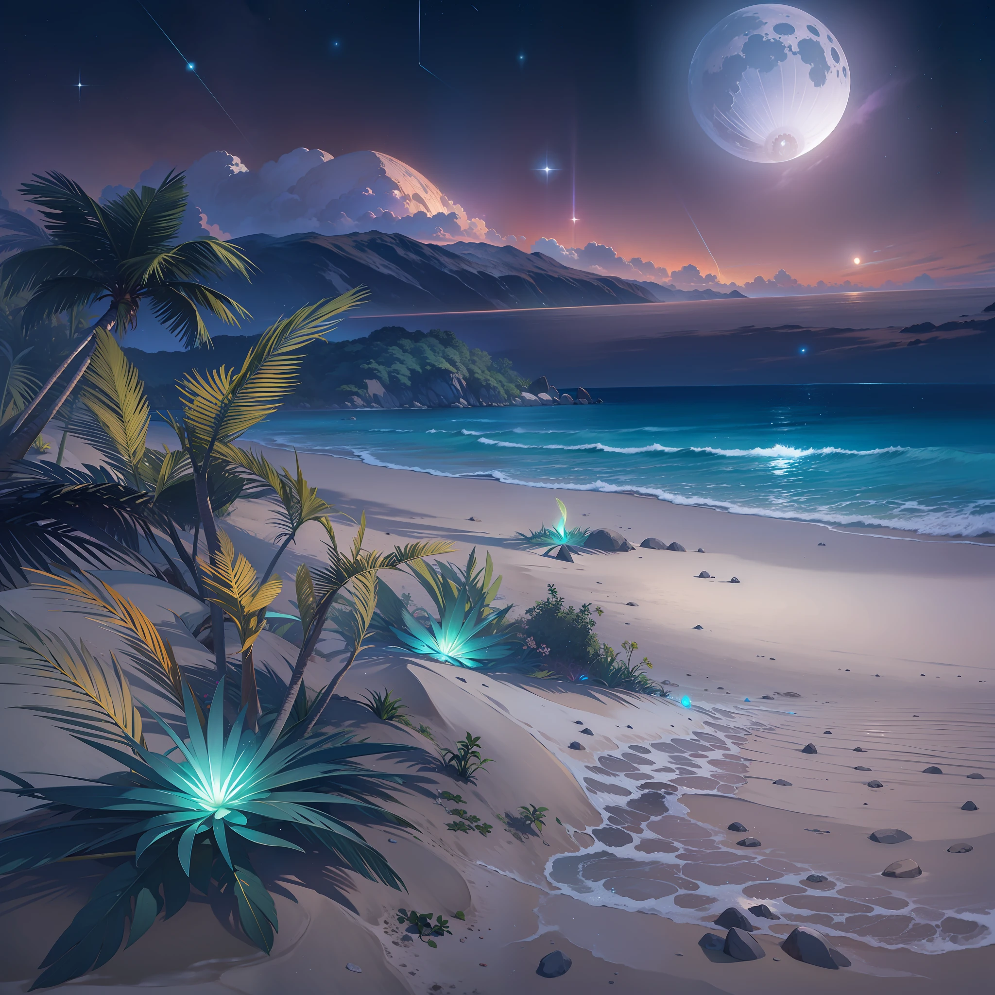 A paradisiacal beach on an alien world, com um mar de cor violeta, Two bright moons in the starry sky and bioluminescent plants lighting up the sand.