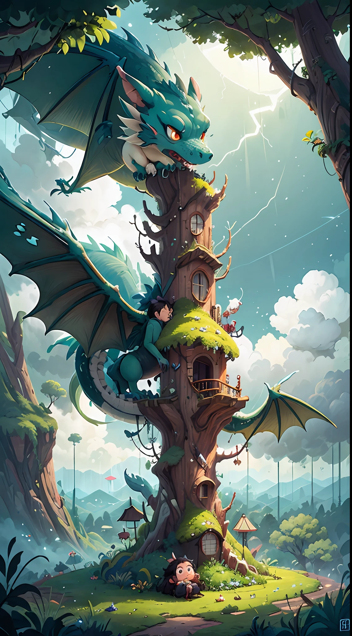 octane,A little girl with big eyes sits in the forest,a fairy world,Fantasy Sky,(There is a dragon flying in the sky),Clouds surround the dragon,A lot of lightning,Dream Sky,As estrelas(Skysky),scenecy,starrysky,the night,nigh sky,独奏,exteriors,buliding,clouds,galactic,sitted,The tree,Long hair,城市,siluette,view over city,mistic,fairytale-like,Huge tree,