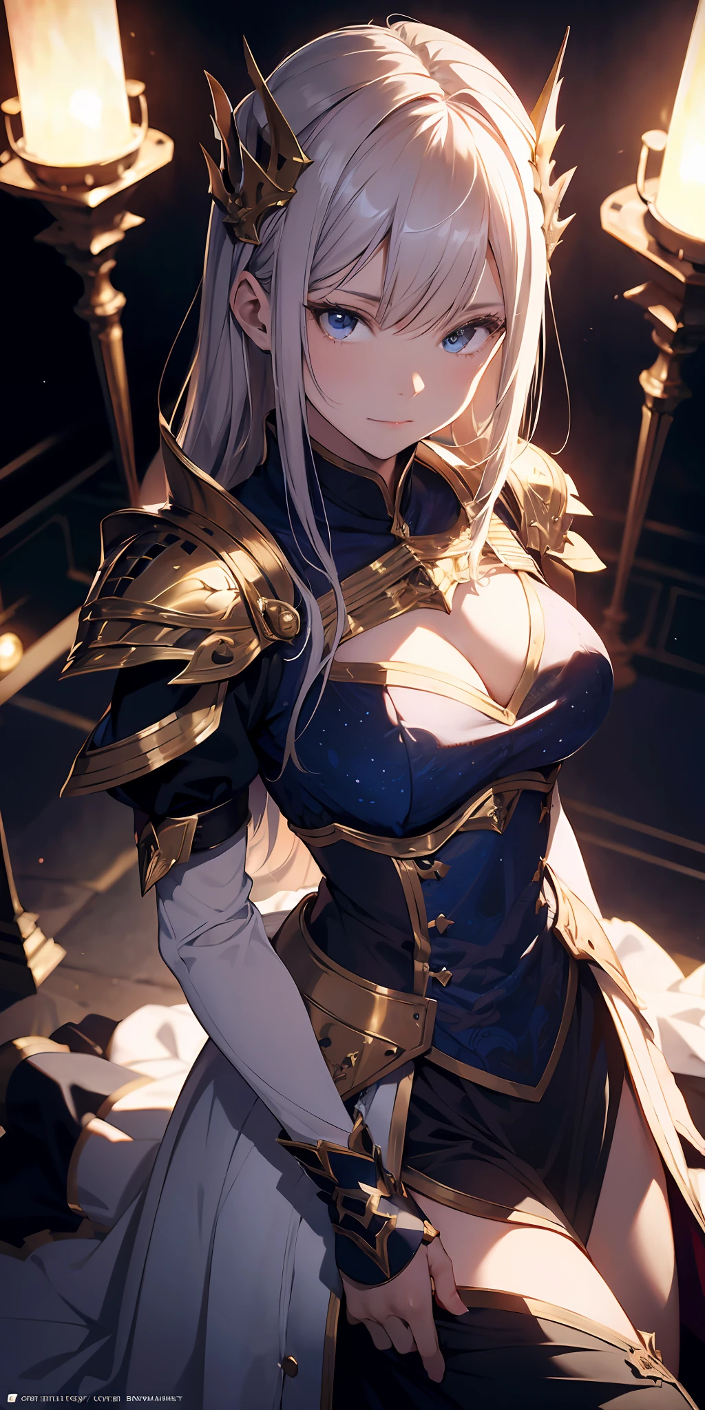 Palace, A high resolution, (巨作:1.4), A highly detailed, 1girll, From above, space, sitted, King Knight Armor, Sharp focus, (Cinematic lighting), (1girll), Slight smile，The 5 fingers of each hand are extremely detailed，