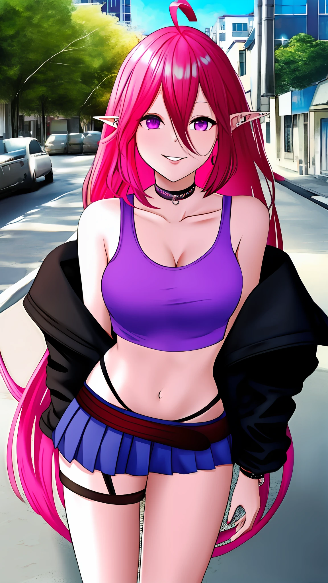 Masterpiece, highres, best quality, Keera, 1girl, pink hair, hair spread out, hair between eyes, very long hair, parted lips, pointy ear, purple eyes, ahoge, smile, looking at viewer, cute tank top, crop top, cute jacket, bare shoulder, pleated skirt, belt, choker, ear piercing, navel, smile, show teeth, sexy pose, hands behind back, outdoor, city road, on the road, sunny days,