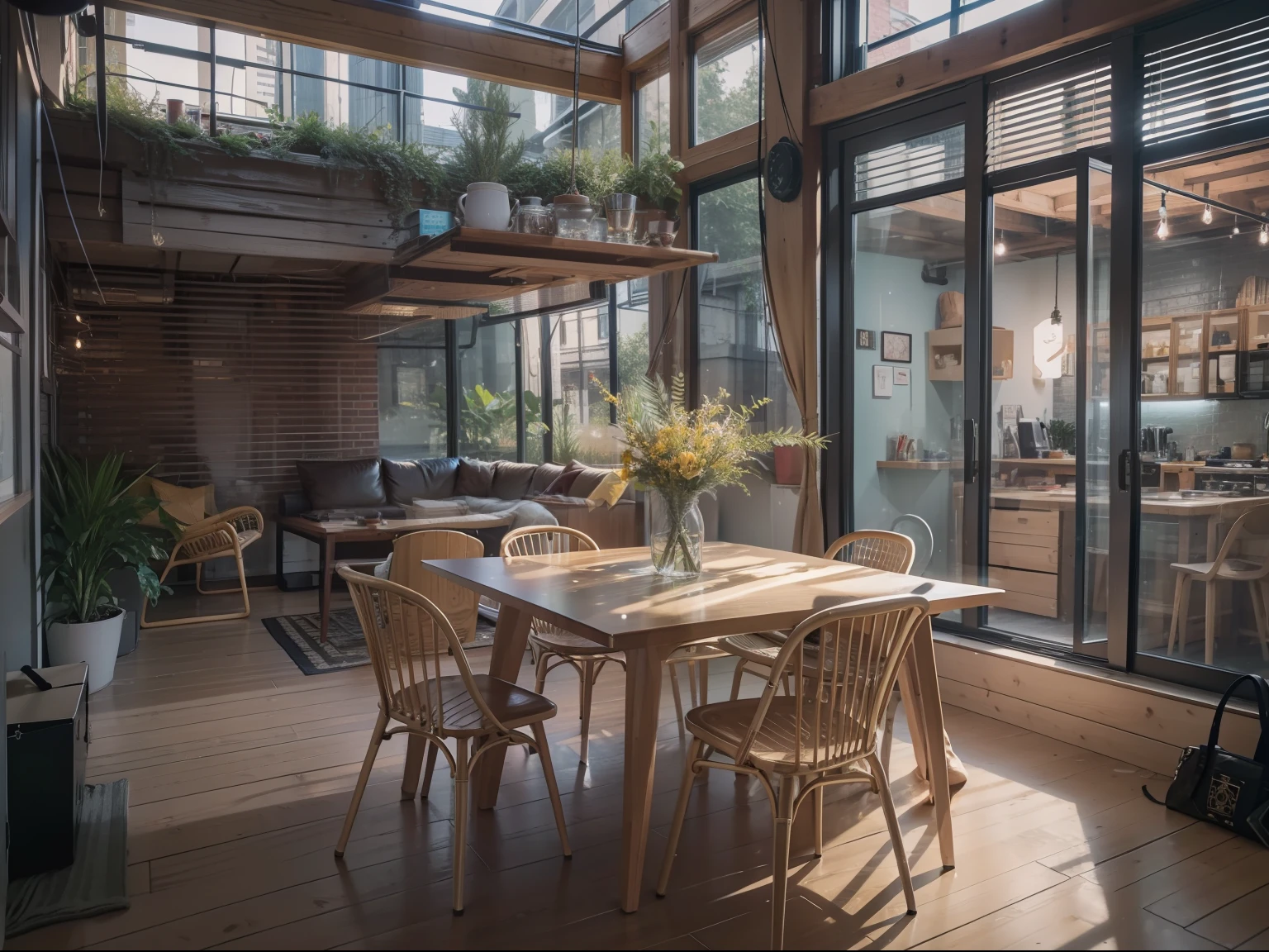 High-detail RAW color photography, Modern loft-style dining room, (higly detailed, hyper-detailing, Entanglement), (lens glare: 0,7), (bloom: 0,7), particle fx, ray traced, 电影灯光, Shallow depth of field, photographed with Sony a9 II, 50mm wide angle lens, sharp-focus