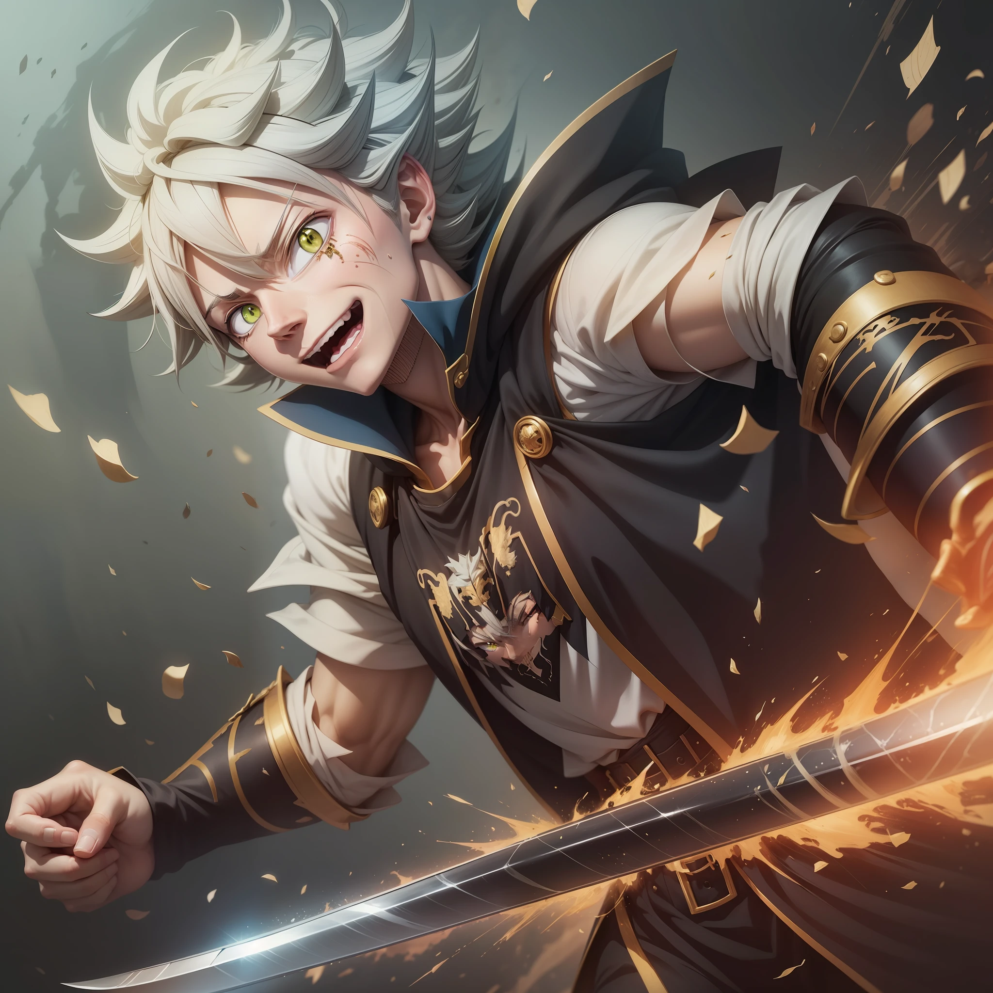 Asta, BlackCover Anime, white hair, smile, one eye is green and the other is red, he has a long sword in his hand, a drawing of a man with red eyes, Asta from black clover, killua zoldyck portrait, ufotable studio art style, anime epic artwork, ufotable art style