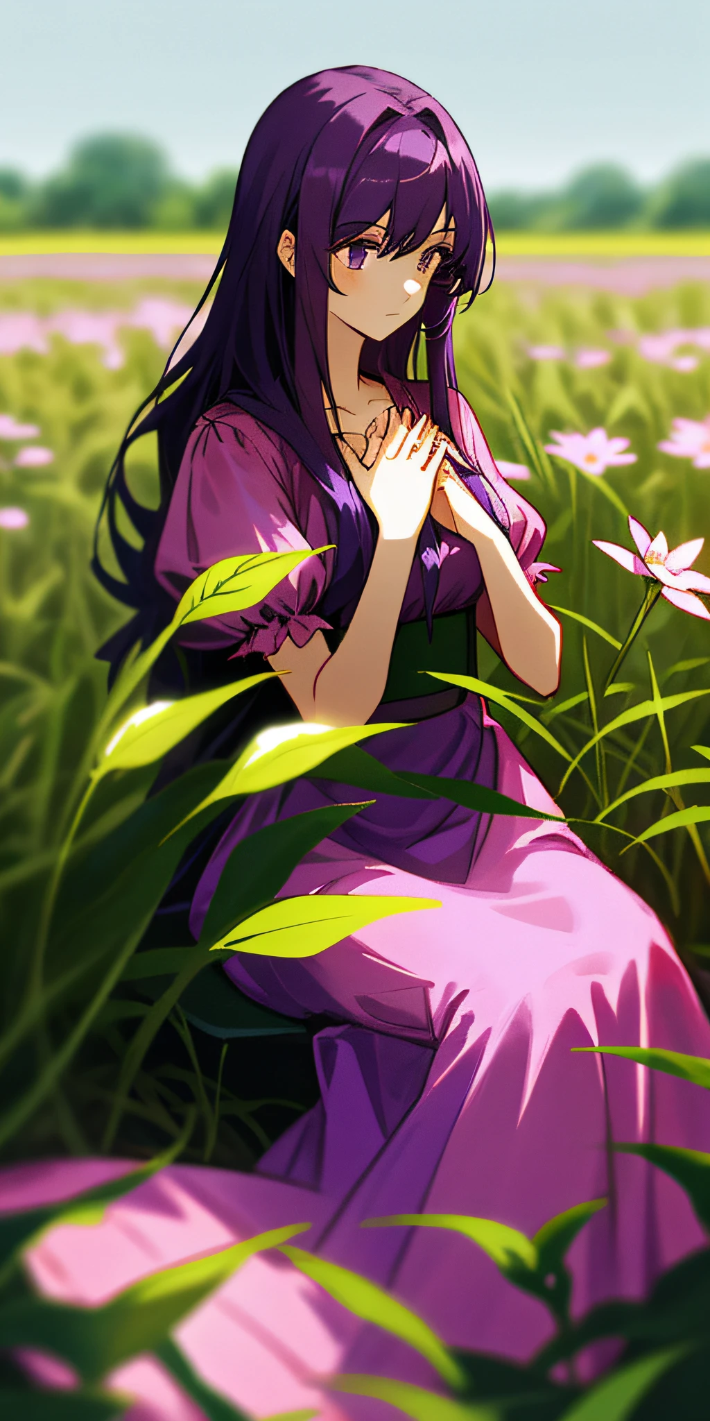 (tmasterpiece,best qualtiy),1 long purple haired girl sitting in a field of greenery and flowers,Her hands were on her chest,warmly lit,pinkdress,Blurred foreground