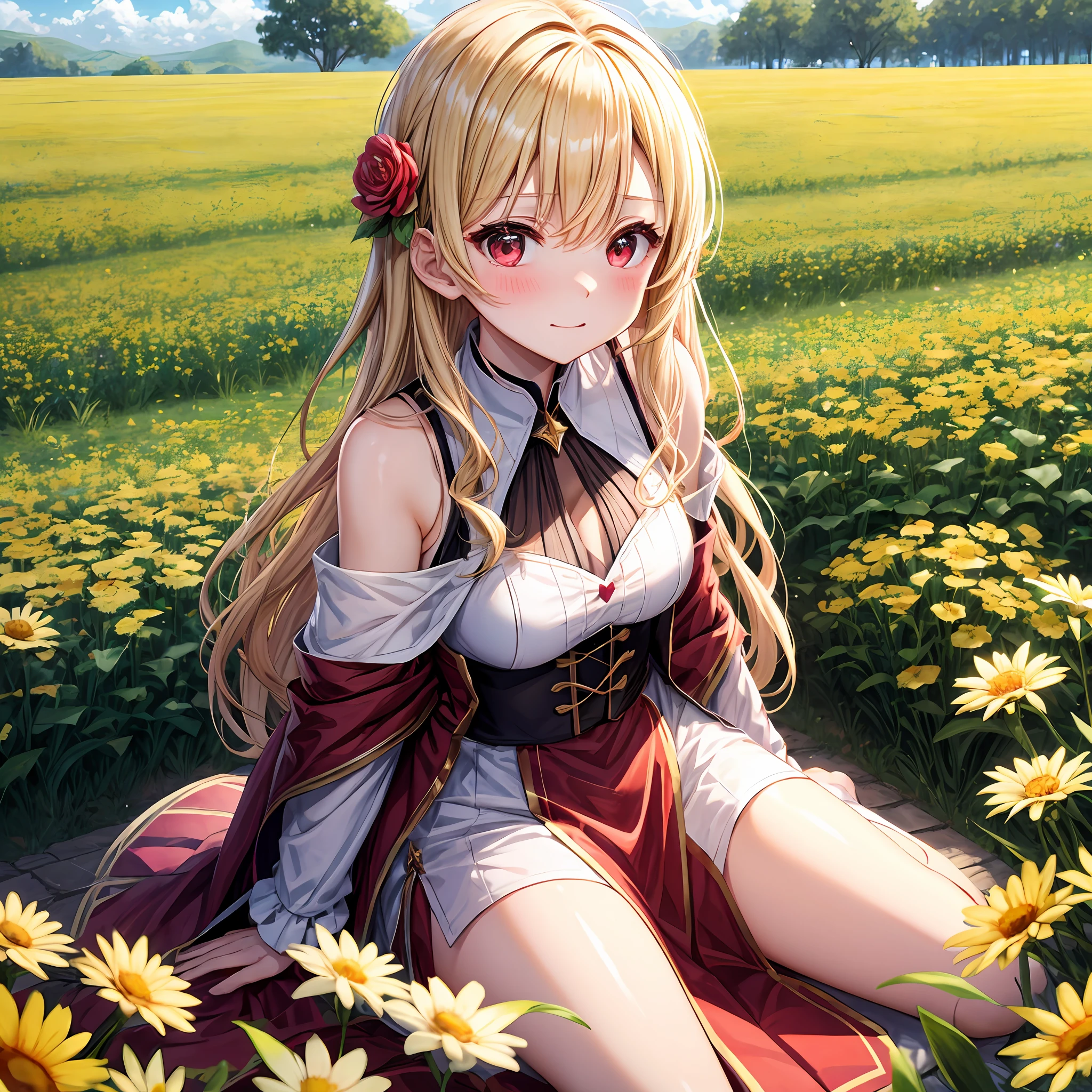 red blush、a blond、Longhaire、red eyes、Beautiful girl alone、animesque、独奏、doress、off shoulders、flower field、lonely、sitting on、