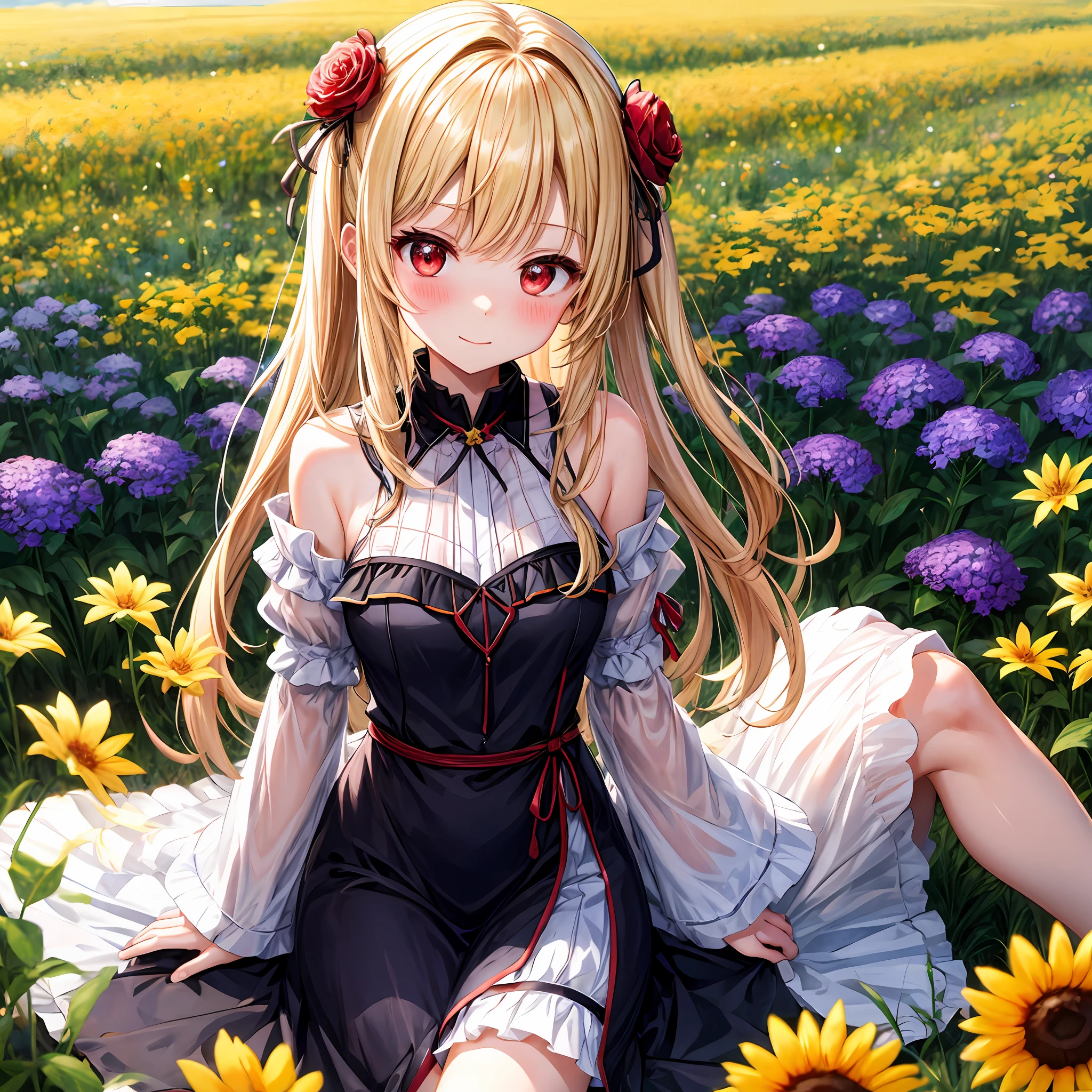 red blush、a blond、Longhaire、red eyes、Beautiful girl alone、animesque、独奏、doress、off shoulders、flower field、lonely、sitting on、
