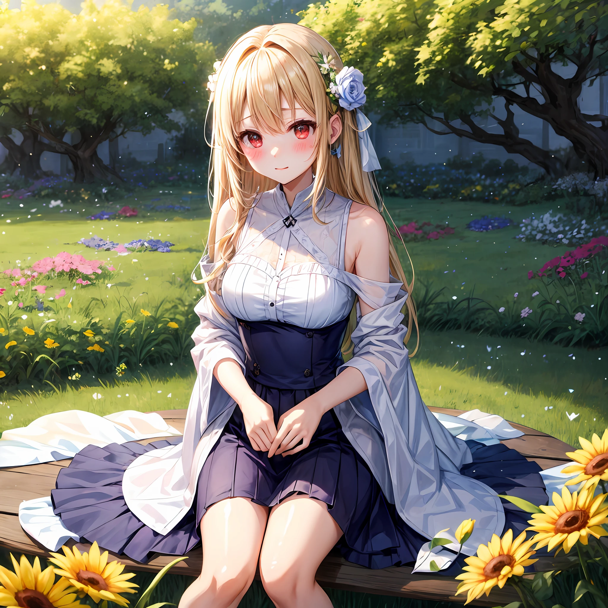 red blush、a blond、Longhaire、red eyes、Beautiful girl alone、animesque、独奏、doress、off shoulders、flower field、lonely、sitting on、