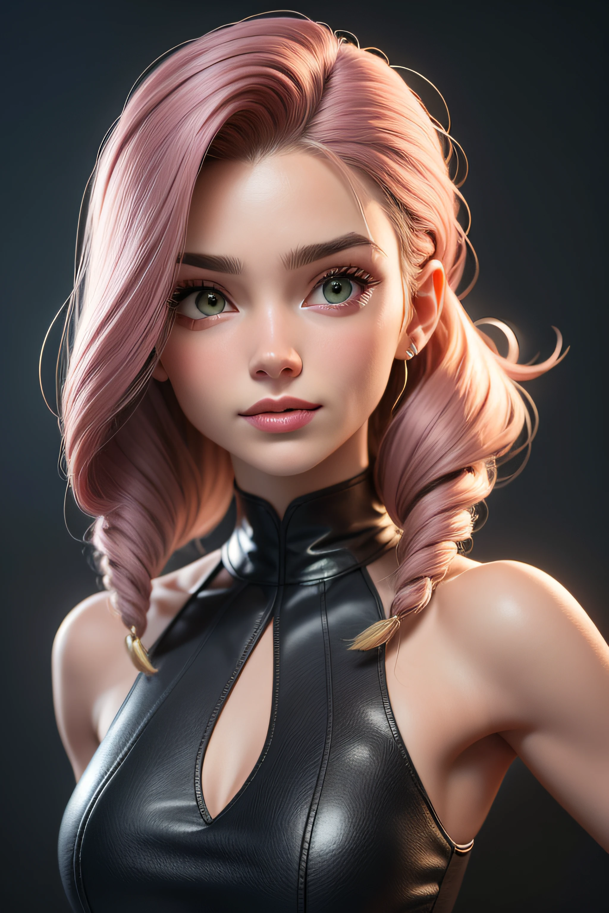 obra-prima, melhor qualidade, trabalho de rending 3d, estilo 3DMM, close-up, retrato, 3D, 1girl, fitness, roupa de academia,solo, cabelo castanho, colar de corda, olhando para o lado, realista, parte superior do corpo, fundo simples, franja, olhando para longe, cabelo preto longo, separated-lips, maquiagem, cabelo encaracolado castanho longo, olhos verdes, lingerie rosa, decote, aerith gainsborough, aerith