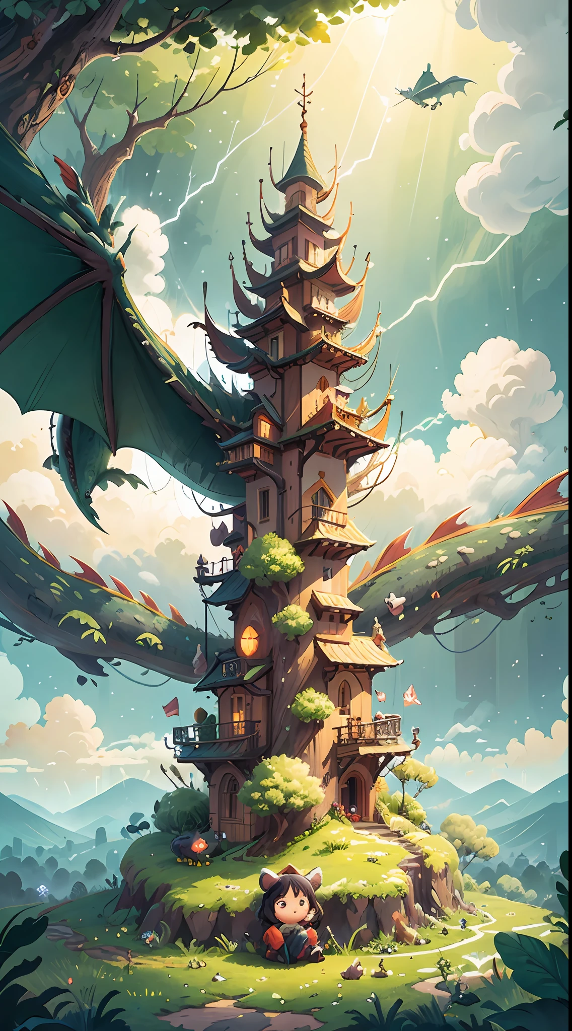 octane，A little girl with big eyes sits in the forest，a fairy world，Fantasy Sky，(There is a dragon flying in the sky)，Clouds surround the dragon，A lot of lightning，Dream Sky，As estrelas（Skysky），scenecy，starrysky，the night，nigh sky，独奏，exteriors，buliding，​​clouds，galactic，sitted，The tree，Long hair，城市，siluette，view over city，mistic，fairytale-like，Huge tree，