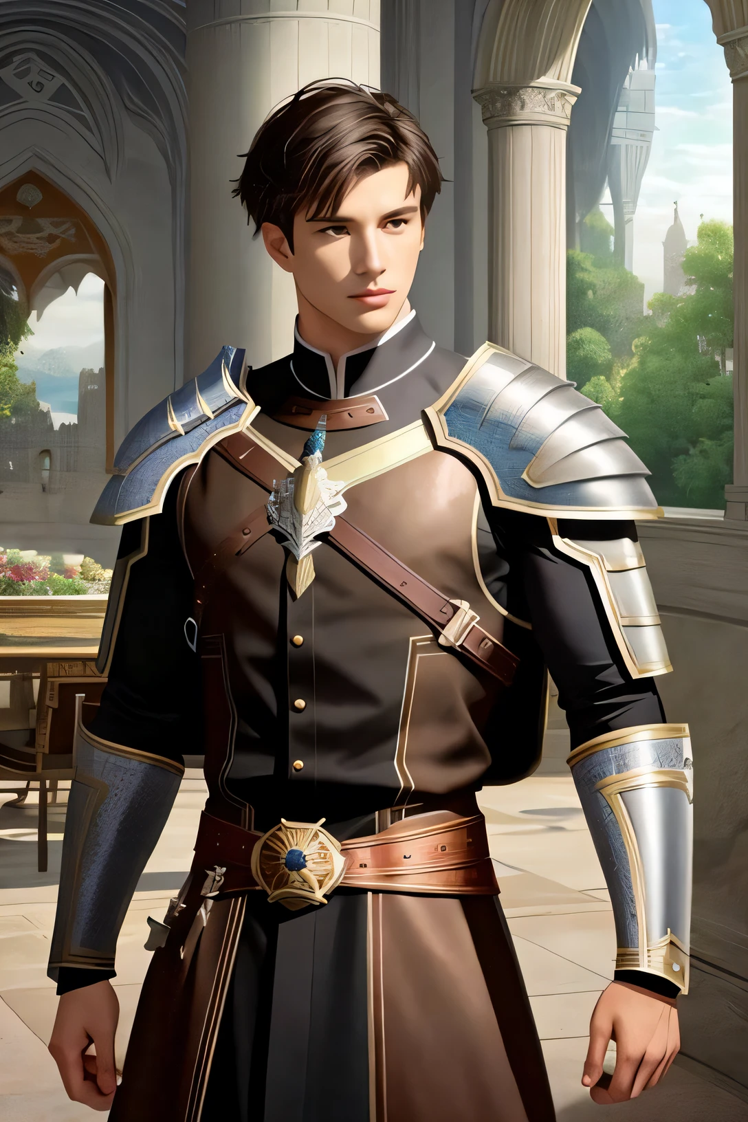portrait of a man, 1boy, solo, standing calmly, hero, a hero never seen before, jawlines, male, epic, handsome, prince, warrior, silver armor, hyperdetailed 3d matte painting, cinemascope panoramic, awe inspiring, landscape, natural skin texture, sharp focus, ((cinematic look)), insane details, intricate details, art by greg rutkowski and by caravaggio and by alphonse mucha, analog style, castle, inside a castle, calm environment,