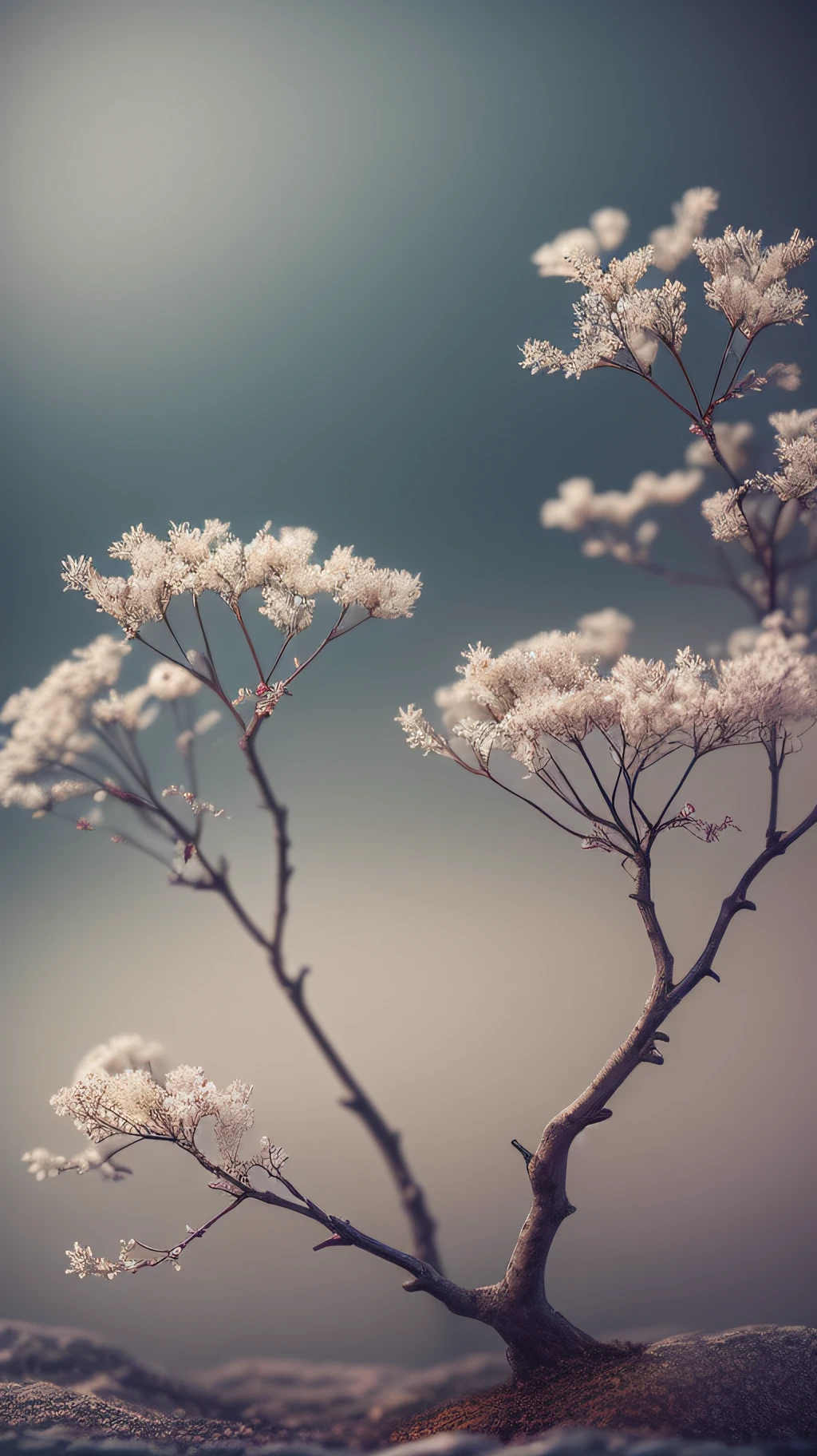 Plants, Snowflakes (Food Bar), Still Life, Winter, Peach Blossoms, Rock Garden, Bonsai Fog, Haze, Fine Details, Ultra Fine Details, Intricate Details, Film Style, Surrealist Soft Light, Studio Lighting, Diffuse Soft Light, Shallow Depth of Field, Sharp Focal Cluster, Ray Tracing, Subsurface Scattering, Ultra-detailed (Complex, Detailed, Ultra-Refined) Detail, Surrealism.