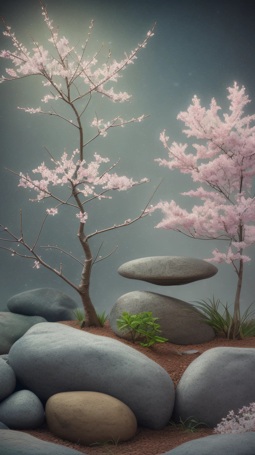 Plants, Snowflakes (Food Bar), Still Life, Winter, Peach Blossoms, Rock Garden, Bonsai Fog, Haze, Fine Details, Ultra Fine Details, Intricate Details, Film Style, Surrealist Soft Light, Studio Lighting, Diffuse Soft Light, Shallow Depth of Field, Sharp Focal Cluster, Ray Tracing, Subsurface Scattering, Ultra-detailed (Complex, Detailed, Ultra-Refined) Detail, Surrealism.