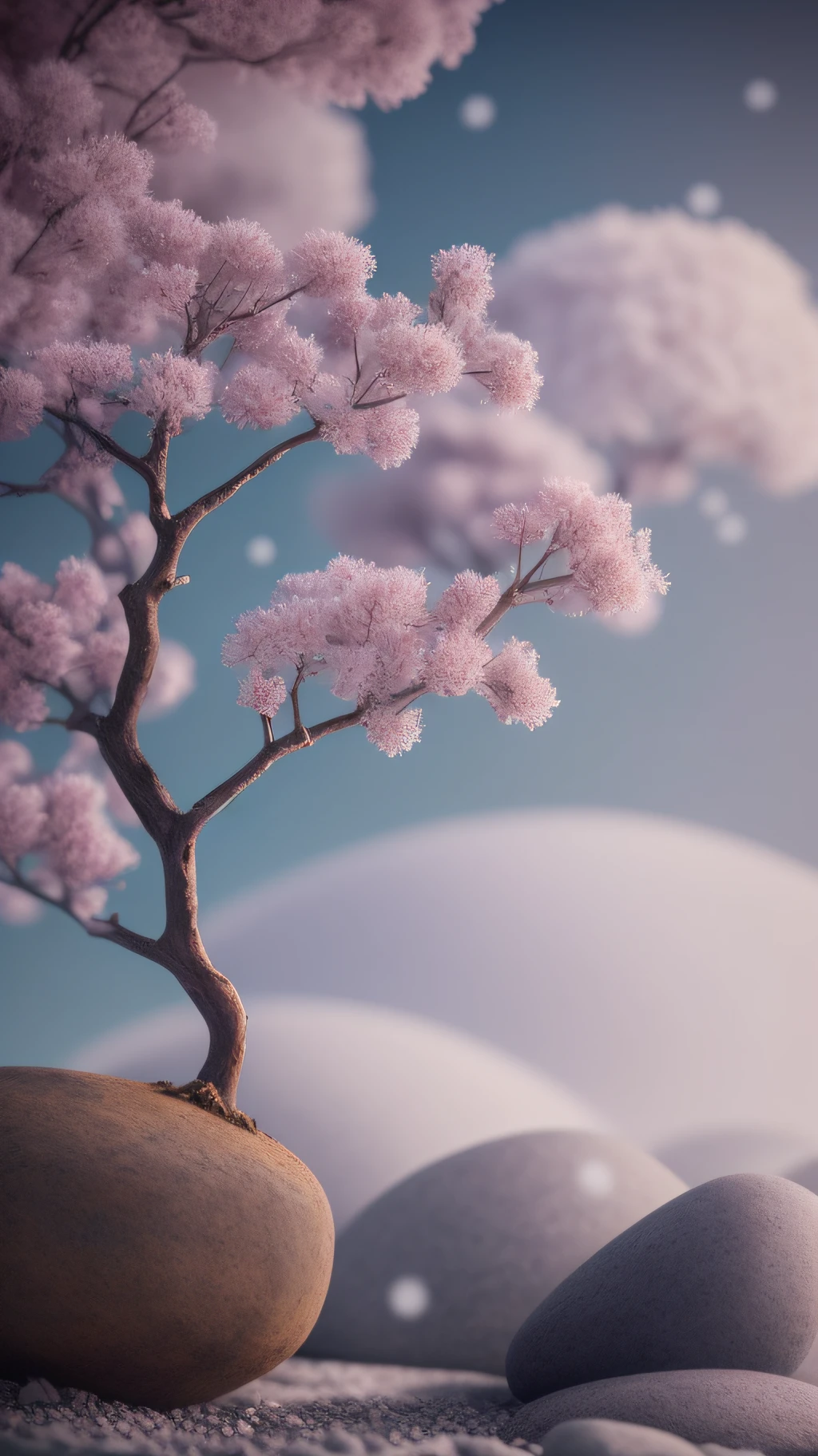 Plants, Snowflakes (Food Bar), Still Life, Winter, Peach Blossoms, Rock Garden, Bonsai Fog, Haze, Fine Details, Ultra Fine Details, Intricate Details, Film Style, Surrealist Soft Light, Studio Lighting, Diffuse Soft Light, Shallow Depth of Field, Sharp Focal Cluster, Ray Tracing, Subsurface Scattering, Ultra-detailed (Complex, Detailed, Ultra-Refined) Detail, Surrealism.