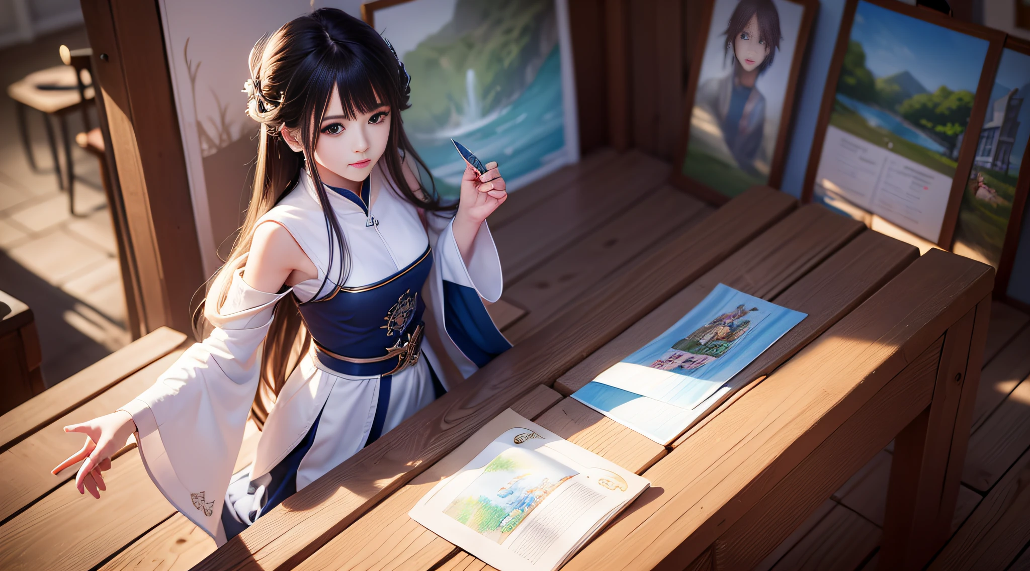 Anime character sitting at table with open book, Shot diagonally from above、childs drawing, childs drawing, Children drawing children's picture book illustrations with crepus, Shot with Canon EOA 6 D Mark II, taken with canon eos 5 d mark iv, picture book, Photo taken with Nikon D 7 5 0, Photograph Taken on Nikon D750, Illustrative storytelling, Children's painting Gwaites style artwork, guweiz on pixiv artstation, guweiz on artstation pixiv, painted in anime painter studio, kawacy, wlop and sakimichan, children's art in artstation, Smooth Anime CG Art, Detailed Digital Anime Art, artbook artwork