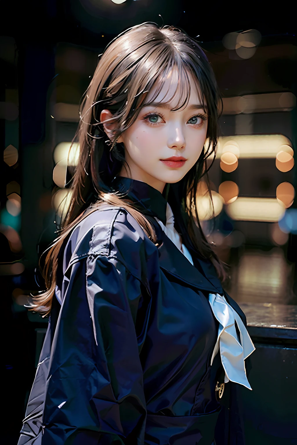 1girl, beautiful retro colors, instagram (realistic, high resolution: 1.4), (puffy eyes)), looking at the viewer, full body (8k, RAW photo, best quality, masterpiece: 1.2), (realistic, photorealistic photo: 1.37), (sharp focus: 1.2), professional lighting, photon mapping, radiosity, physically based rendering, (pale skin: 1.2), looking at the viewer, (medium hair: 1.5), portrait, purple eyes, (black hair:1.1), bangs, (simple background: 1.4), solo, upper body, realistic, (masterpiece: 1.4), (highest quality: 1.4), (brightened), mage sister, smile (thin, shut up, shy: 1.3), (standing, black flight attendant uniform, necromancer: 1.1), medium bust, sexy pose,