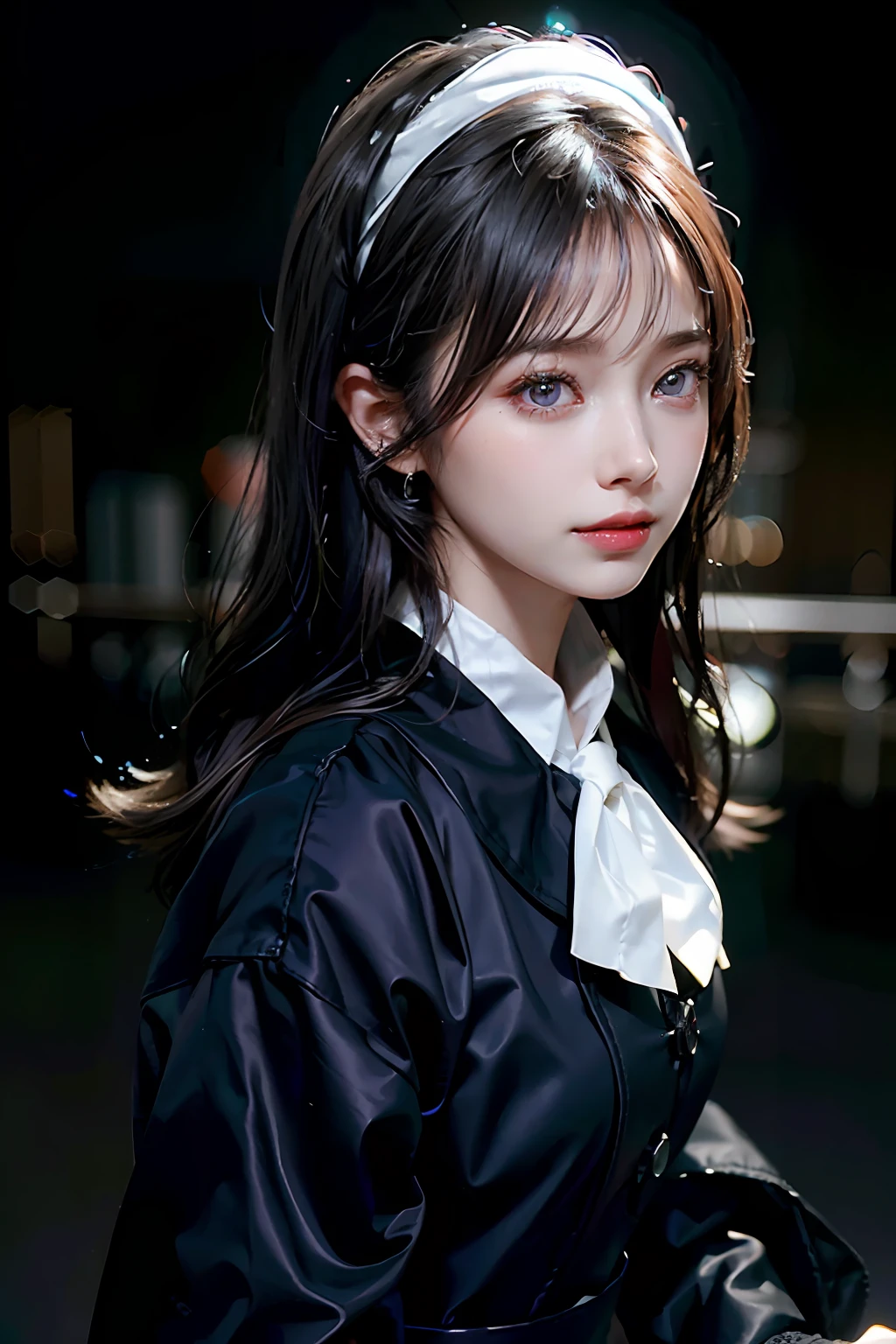 1girl, beautiful retro colors, instagram (realistic, high resolution: 1.4), (puffy eyes)), looking at the viewer, full body (8k, RAW photo, best quality, masterpiece: 1.2), (realistic, photorealistic photo: 1.37), (sharp focus: 1.2), professional lighting, photon mapping, radiosity, physically based rendering, (pale skin: 1.2), looking at the viewer, (medium hair: 1.5), portrait, purple eyes, (black hair:1.1), bangs, (simple background: 1.4), solo, upper body, realistic, (masterpiece: 1.4), (highest quality: 1.4), (brightened), mage sister, smile (thin, shut up, shy: 1.3), (standing, black flight attendant uniform, necromancer: 1.1), medium bust, sexy pose,