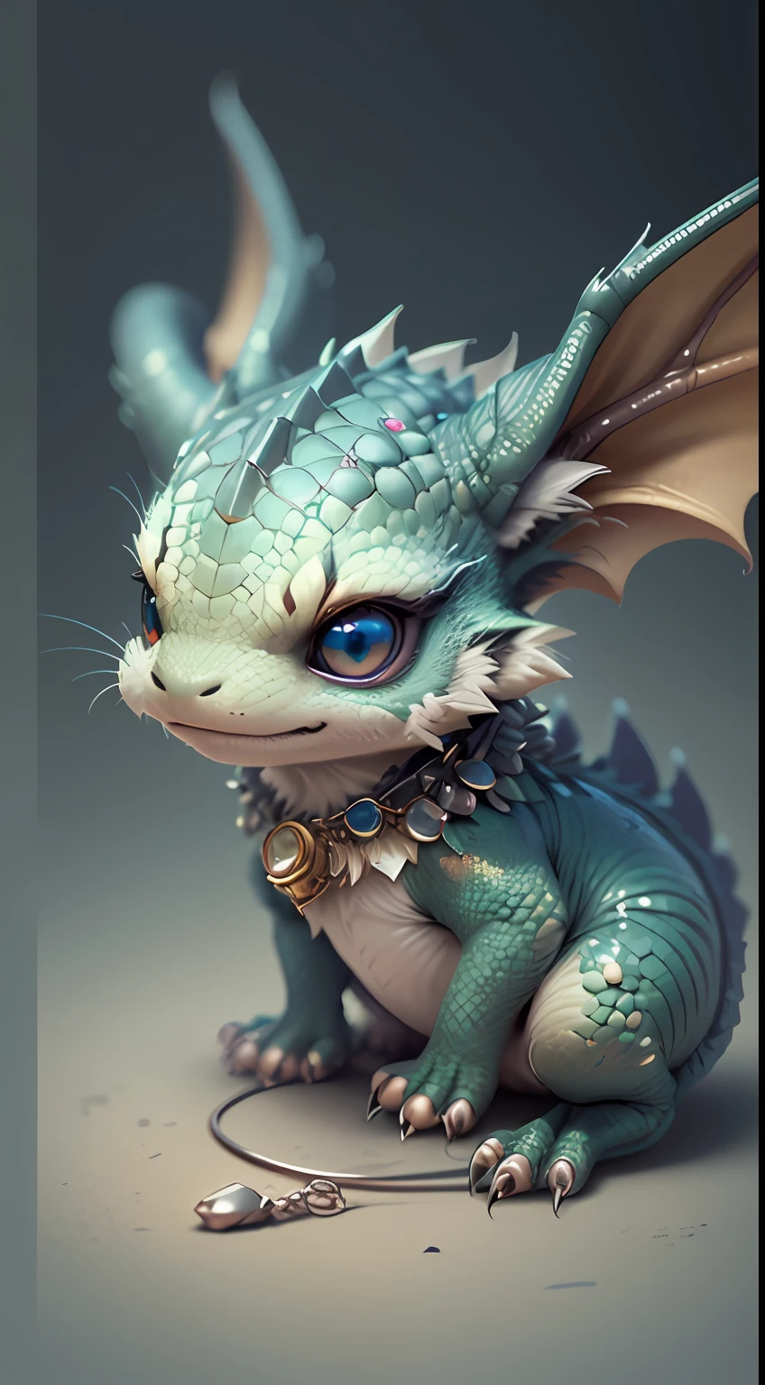 Gorgeous tiny hyperrealistic dragon with realistic eyes and bright different colors taking care of a necklace, Chibi, adorable and cute, logo design, cartoon, cinematic lighting effect, charming, 3D vector art, cute and quirky, fantasy art, bokeh, hand drawn, digital painting, soft lighting, isometric style, 4K resolution, photorealistic rendering, highly detailed cleaning, vector image,  photorealistic masterpiece, professional photography, simple space scenery, isometric, vibrant vector