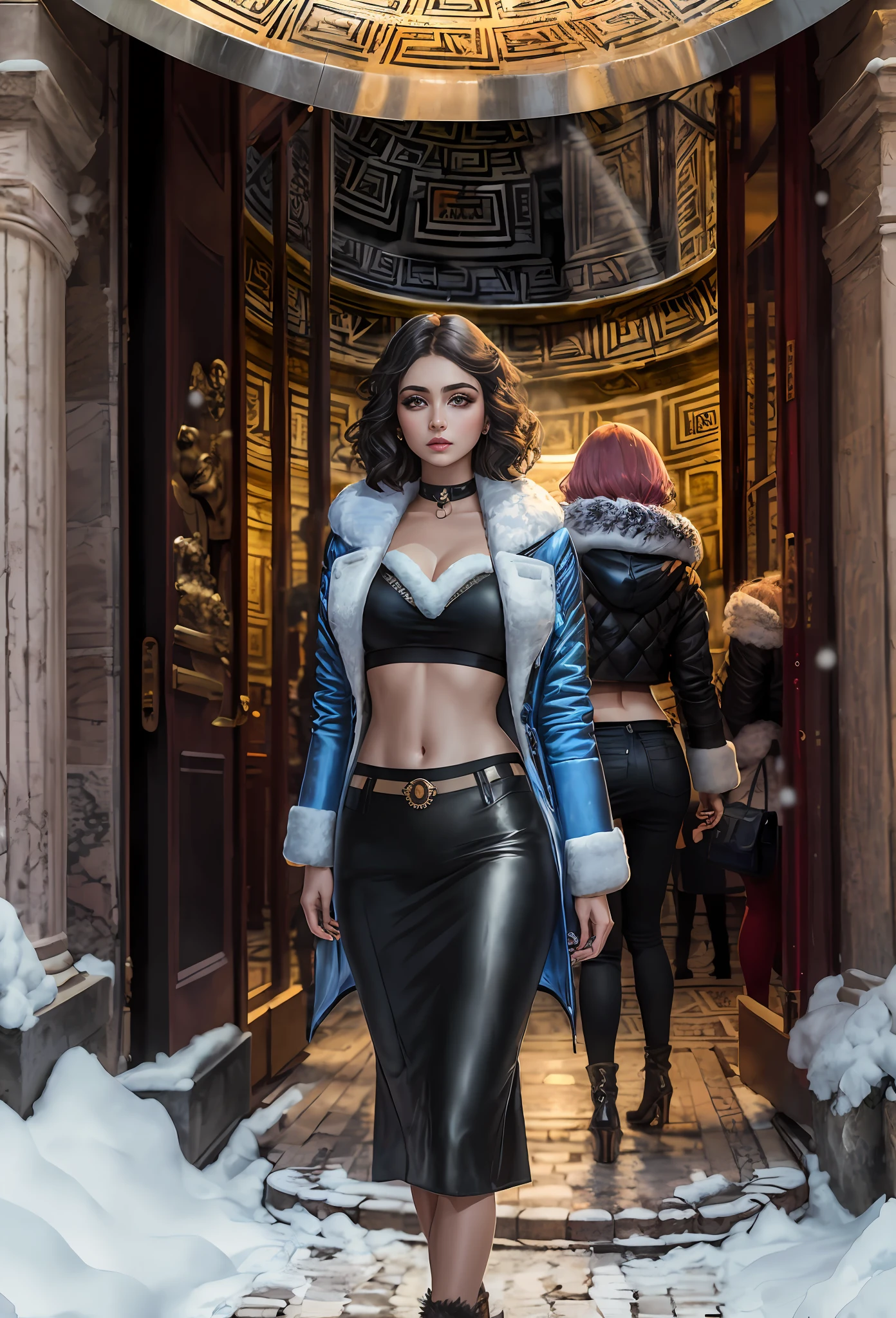 (Positive focus, Original photo), (2girls,duo,navel,entering the Pantheon in Rome,crowd,winter,Snowy),Surrealistic Female Portraits by David Hockney and Alphonse Mucha, Fantasy art,Wear gorgeous furs, (Blue pupil: 1.4, shiny pupils: 1.4, Big eyes: 1.1), Photo fidelity, Dynamic lighting, Art Station, poster for, voluminetric lighting, Very detailed face, 4K, Award-winning, Shadows, understated, (official outfit: 1.4, Gorgeous fur, Complex clothing, Furs), Looking at the camera, Bust Up Shot, (Realistic face)),