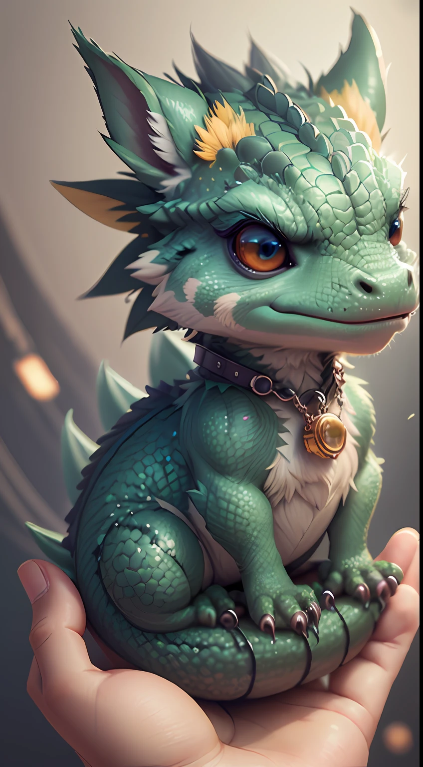 Gorgeous tiny hyperrealistic dragon with realistic eyes and bright different colors taking care of a necklace, Chibi, adorable and cute, logo design, cartoon, cinematic lighting effect, charming, 3D vector art, cute and quirky, fantasy art, bokeh, hand drawn, digital painting, soft lighting, isometric style, 4K resolution, photorealistic rendering, highly detailed cleaning, vector image, photorealistic masterpiece, professional photography, simple space scenery, isometric, vibrant vector