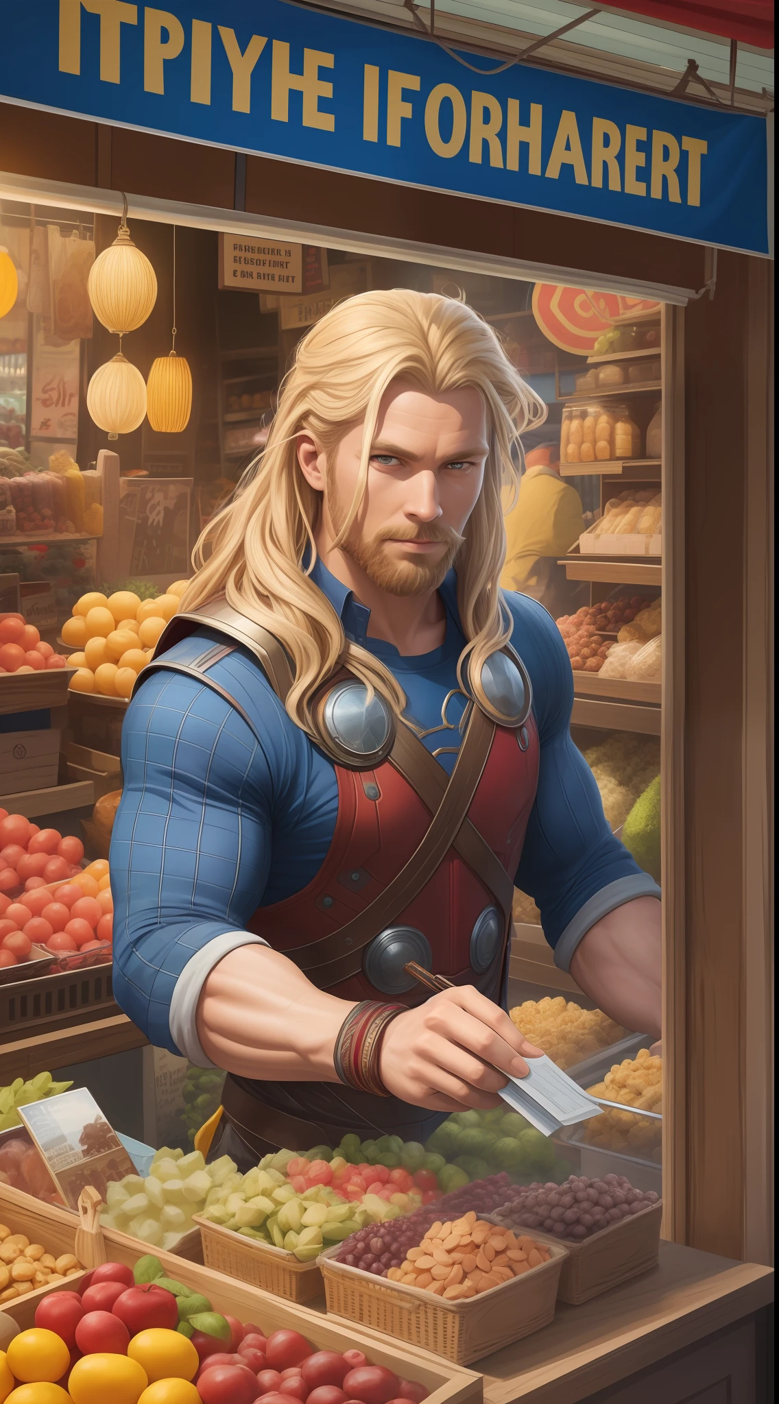 Subject: A majestic and photorealistic portrayal of Thor selling goods at a bustling marketplace, combining his godly presence with the everyday activity of being a vendor.
Type of Image: Digital Illustration
Art Styles: Realism, Everyday Life, Market Scene
Art Inspirations: ArtStation, DeviantArt, Marvel Comics, Market Vendor Scenes
Camera: Professional DSLR camera with high-resolution capabilities
Shot: Medium shot
Render Related Information: Capturing the details of Thor's vendor stall and the vibrant market atmosphere with realistic precision, utilizing natural lighting to create a lively and bustling setting, and portraying Thor's regal aura as he interacts with customers.

Camera Lens: 50mm Prime Lens