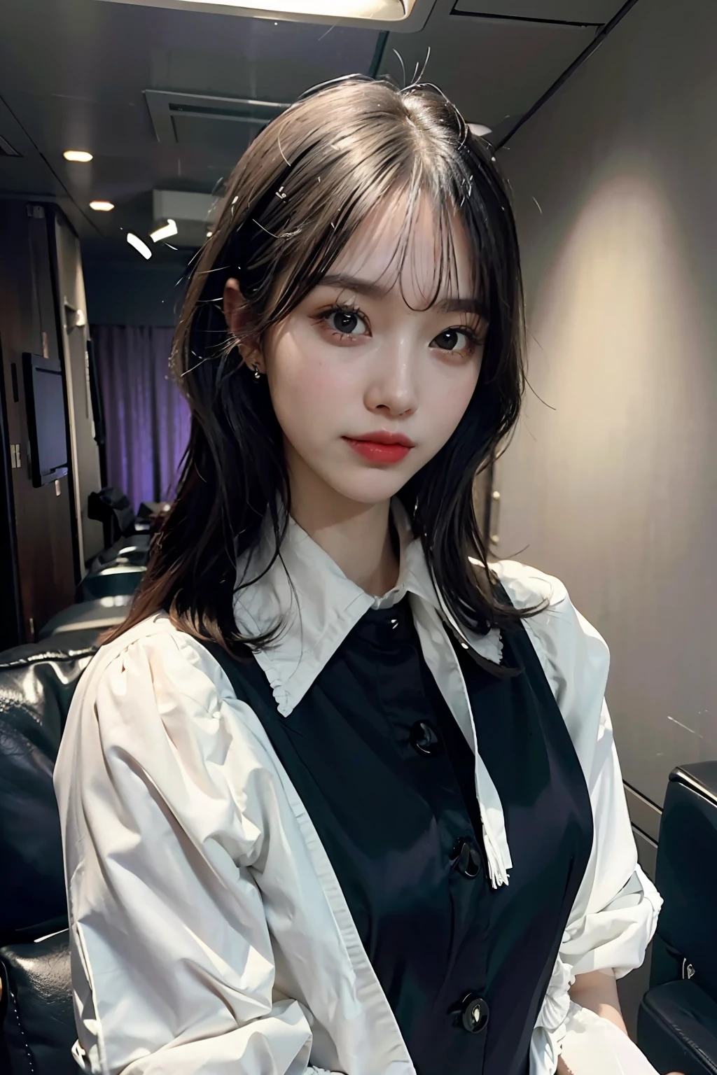 1girl, beautiful retro colors, instagram (realistic, high resolution: 1.4), (puffy eyes)), looking at the viewer, full body (8k, RAW photo, best quality, masterpiece: 1.2), (realistic, photorealistic photo: 1.37), (sharp focus: 1.2), professional lighting, photon mapping, radiosity, physically based rendering, (pale skin: 1.2), looking at the viewer, (medium hair: 1.5), portrait, purple eyes, (black hair:1.1), bangs, (simple background: 1.4), solo, upper body, realistic, (masterpiece: 1.4), (highest quality: 1.4), (brightened), mage sister, smile (thin, shut up, shy: 1.3), (standing, black flight attendant uniform, necromancer: 1.1), medium bust, sexy pose,