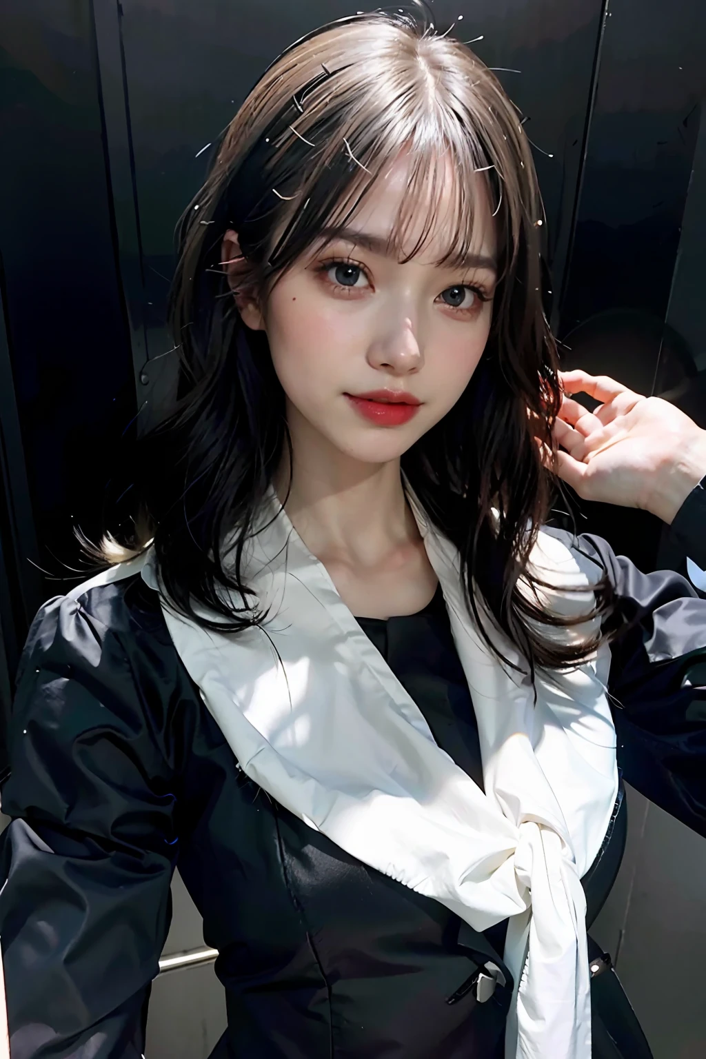 1girl, beautiful retro colors, instagram (realistic, high resolution: 1.4), (puffy eyes)), looking at the viewer, full body (8k, RAW photo, best quality, masterpiece: 1.2), (realistic, photorealistic photo: 1.37), (sharp focus: 1.2), professional lighting, photon mapping, radiosity, physically based rendering, (pale skin: 1.2), looking at the viewer, (medium hair: 1.5), portrait, purple eyes, (black hair:1.1), bangs, (simple background: 1.4), solo, upper body, realistic, (masterpiece: 1.4), (highest quality: 1.4), (brightened), mage sister, smile (thin, shut up, shy: 1.3), (standing, black flight attendant uniform, necromancer: 1.1), medium bust, sexy pose,