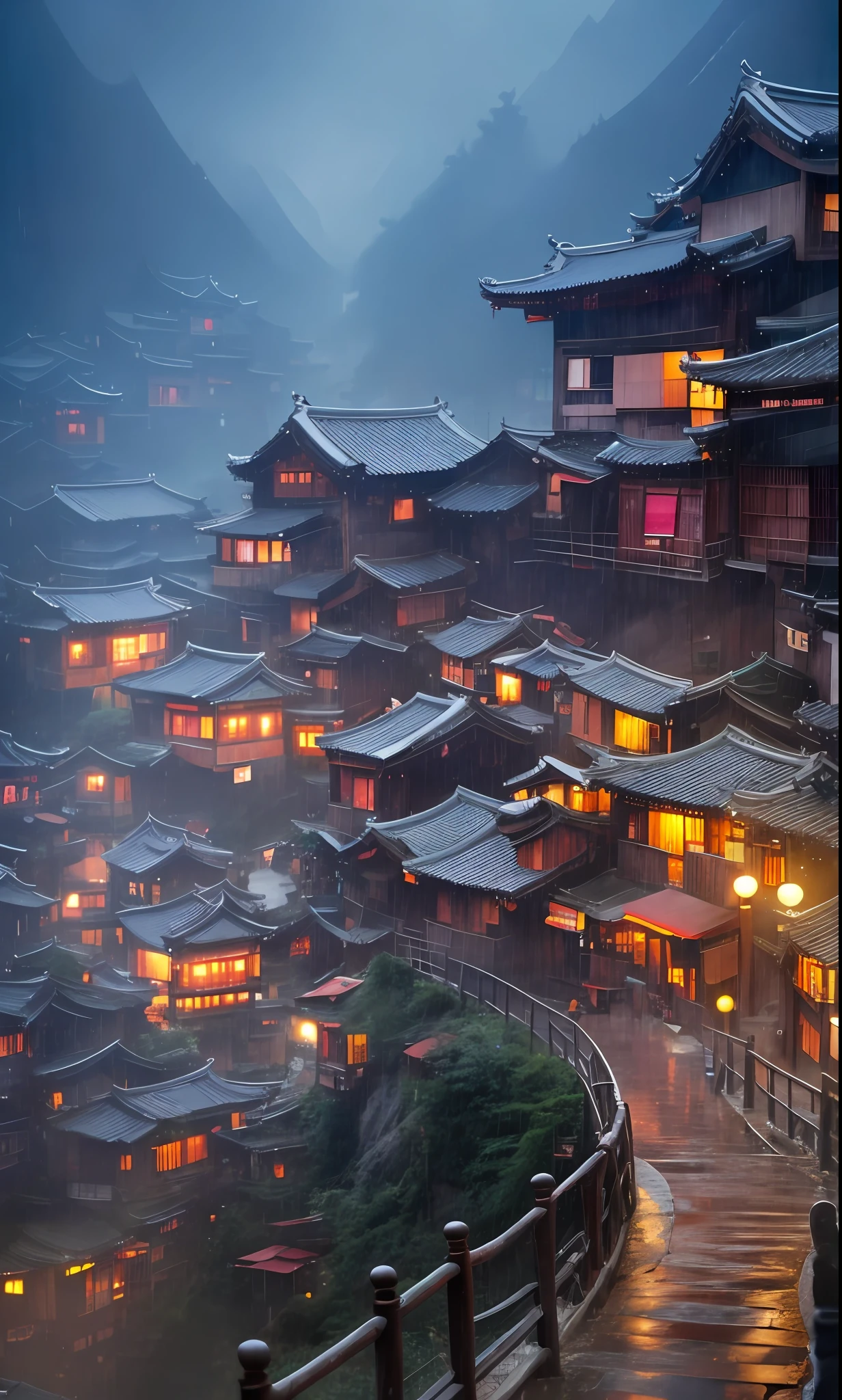 arafed view of a village with a lot of lights on the buildings, dreamy chinese town, chinese village, amazing wallpaper, japanese town, japanese village, hyper realistic photo of a town, old asian village, japanese city, by Raymond Han, rainy evening, cyberpunk chinese ancient castle, beautifully lit buildings, at evening during rain, beautiful and aesthetic, photography, cinematic, 8k, high detailed ((Heavy rain)))