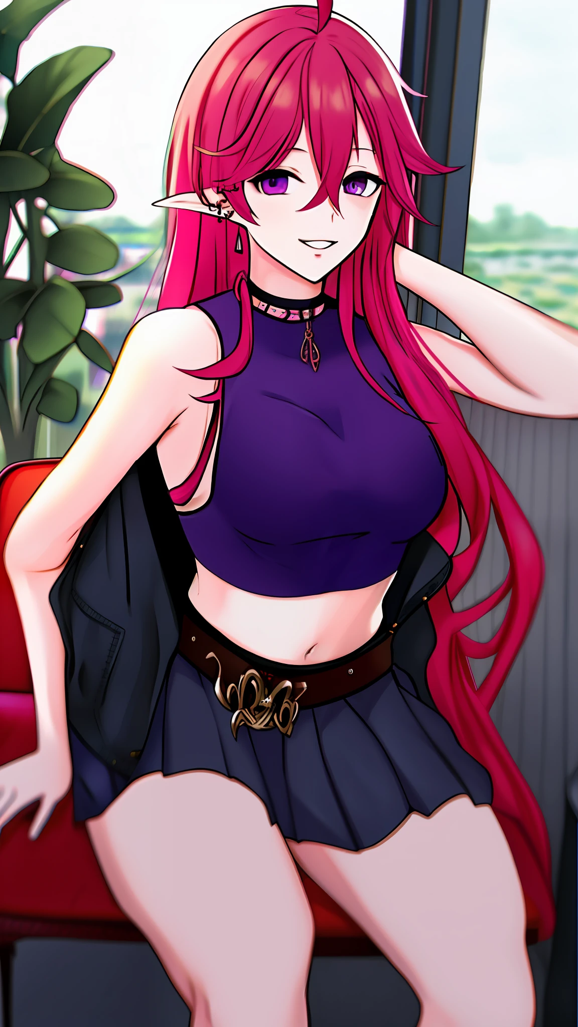 Masterpiece, highres, best quality, Keera, 1girl, pink hair, hair spread out, hair between eyes, very long hair, parted lips, pointy ear, purple eyes, ahoge, smile, looking at viewer, cute tank top, crop top, cute jacket, bare shoulder, pleated skirt, belt, choker, ear piercing, navel, smile, sexy pose, hands behind back, sitting, cafe, chair table, drink,