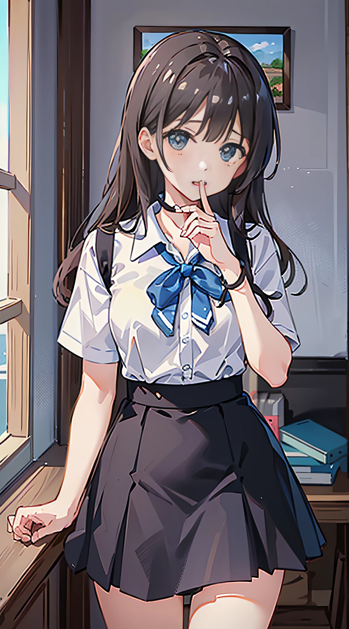 (8K、Raw photography、top-quality、​masterpiece:1.2)、Illustration Touch、ultra-detailliert、超A high resolution、女の子1人、dark brown  hair、azure eyes、Blue little hair stopper、Own room、white  shirt、(((((no  skirt)))))