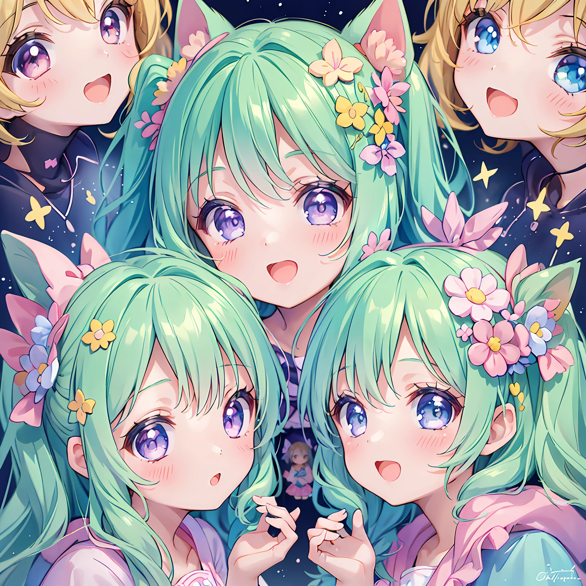 masterpiece, (2girls and 2girls and 2girls and 2girls), idol, closeup, big eyes, kawaiitech, kawaii, cute, pastel colors, best quality, happy, deep background, symmetrical, tilted head, spring