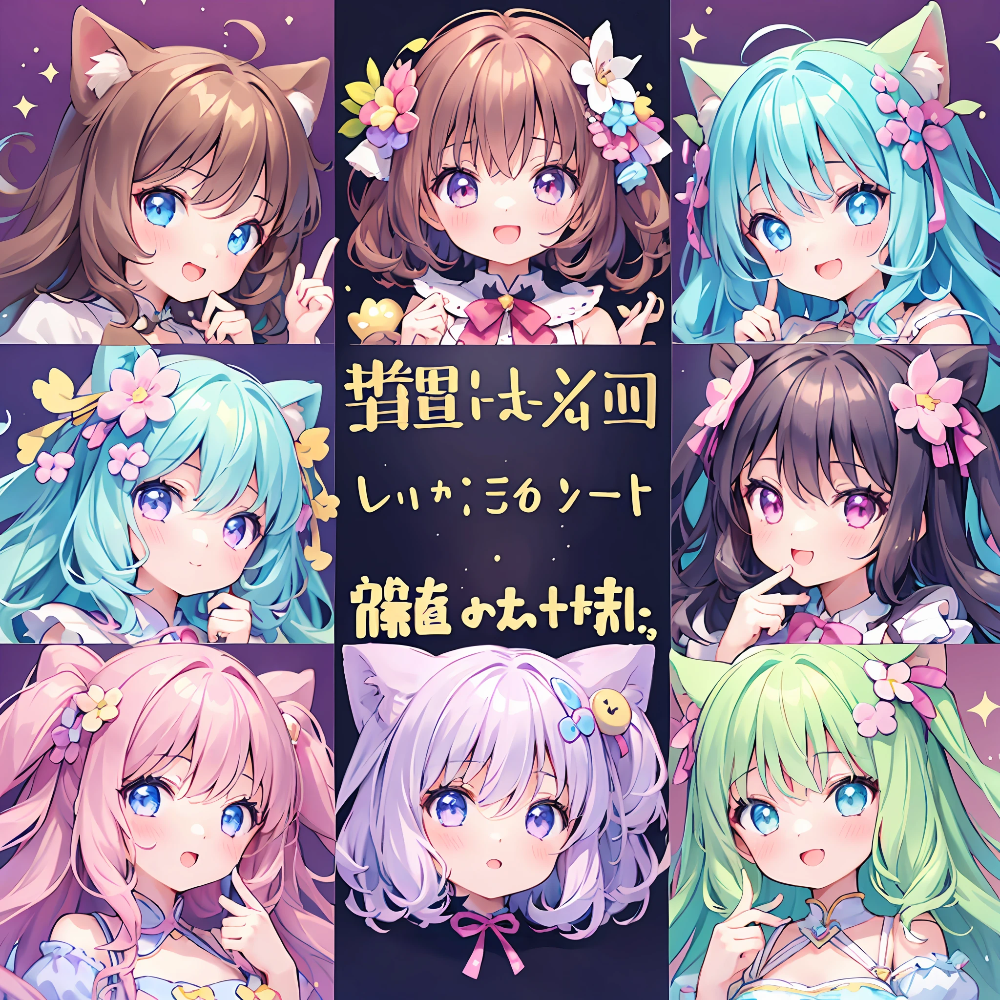 masterpiece, (2girls and 2girls and 2girls and 2girls), idol, closeup, big eyes, kawaiitech, kawaii, cute, pastel colors, best quality, happy, deep background, symmetrical, tilted head, spring